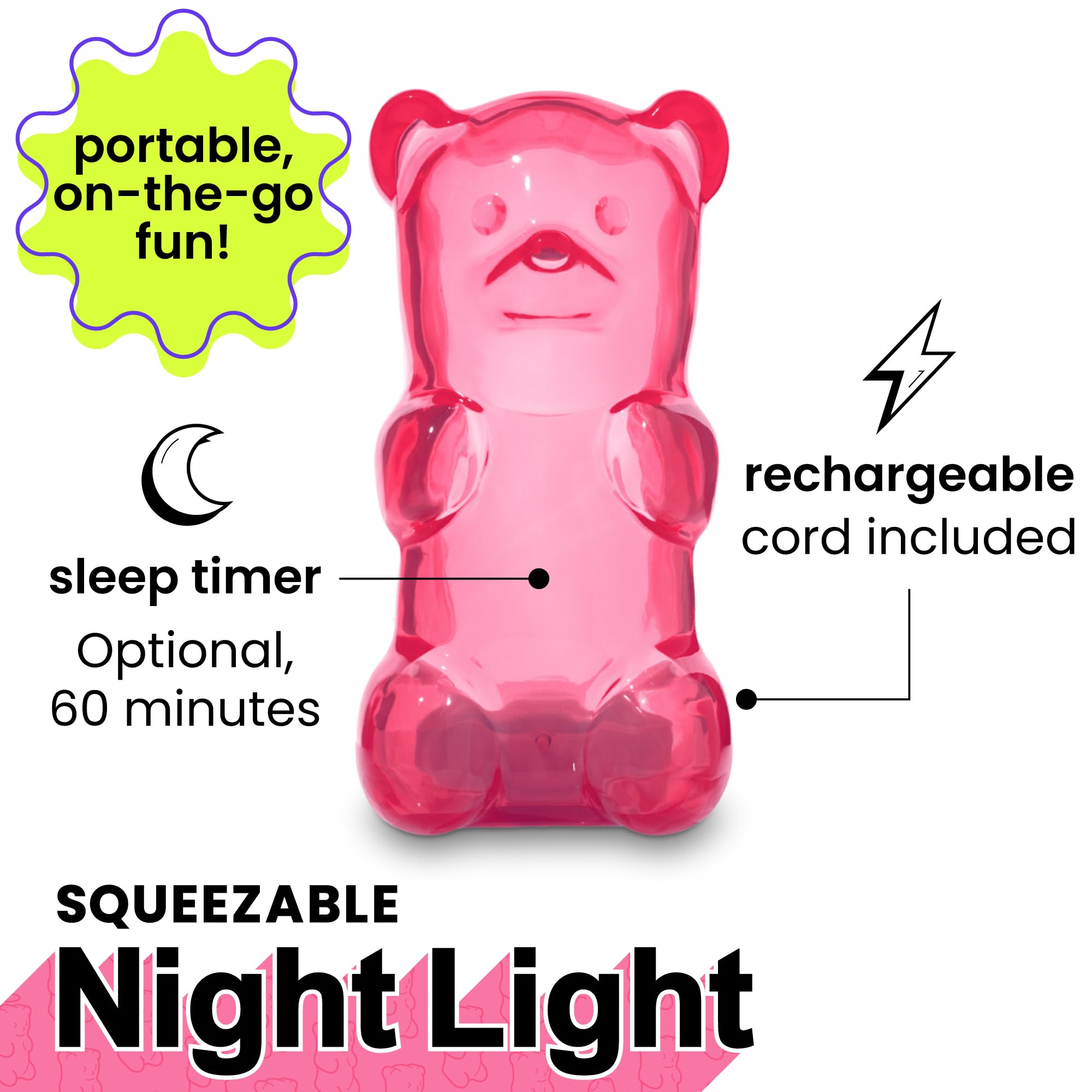 Gummygoods Squeezable Gummy Bear Night Light - Rechargeable, Portable, Squishy Lamp, 60-Min Sleep Timer - Christmas Gift for Kids & Adults, Baby Nursery, and Dorm Rooms - (Pink)