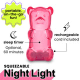 Gummygoods Squeezable Gummy Bear Night Light - Rechargeable, Portable, Squishy Lamp, 60-Min Sleep Timer - Christmas Gift for Kids & Adults, Baby Nursery, and Dorm Rooms - (Pink)