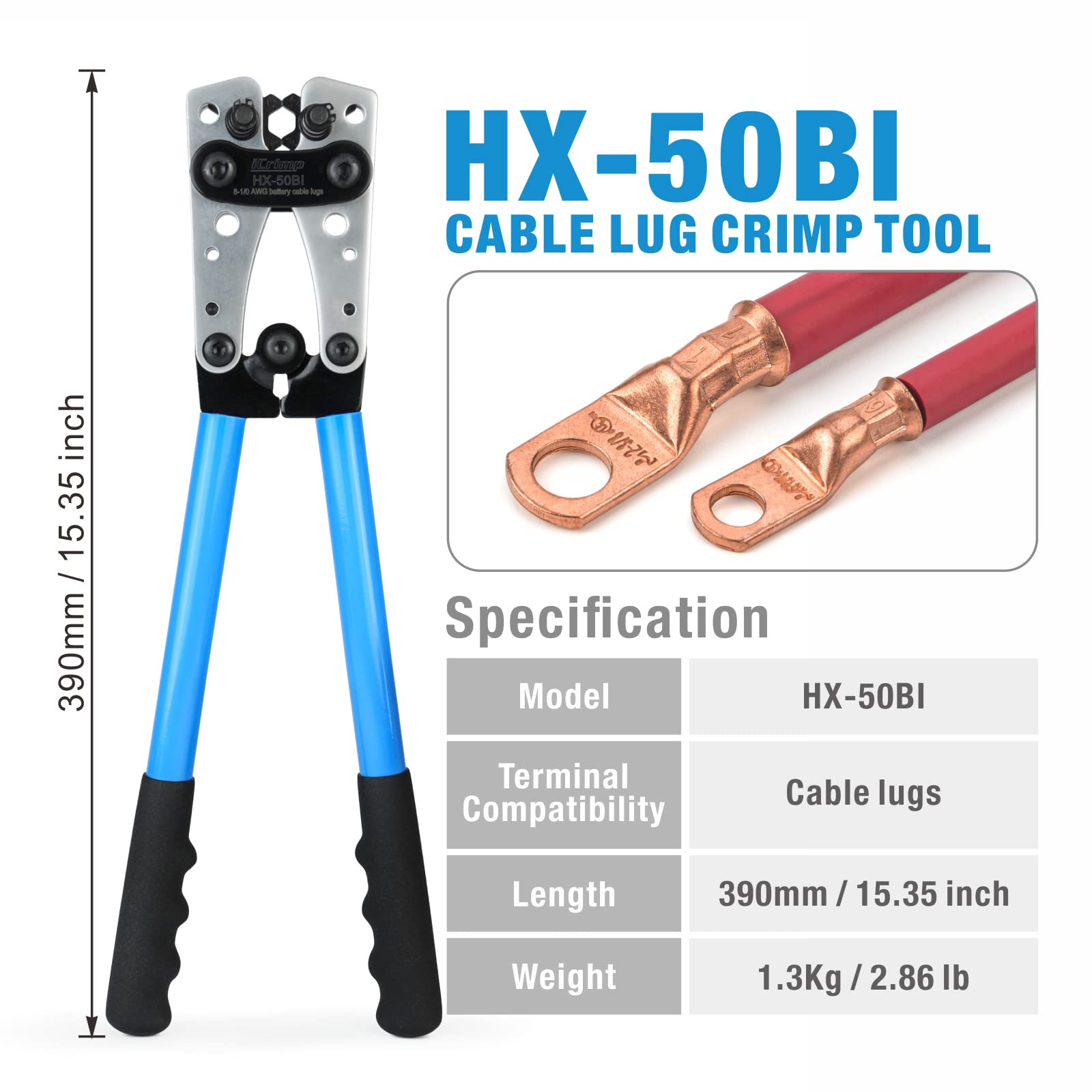 iCrimp Battery Cable Lug Crimping Tool for 8, 6, 4, 2, 1, 1/0 AWG Heavy Duty Wire Lugs, Battery Terminal, Copper Lugs with Wire Shear Cutter