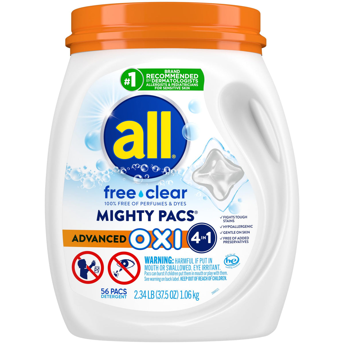 all Waschmittel-Pods, Mighty Pacs mit OXI Fleckenentfernern und Aufhellern, Frei & Klar, ohne Duftstoffe und Farbstoffe, 56 Stück