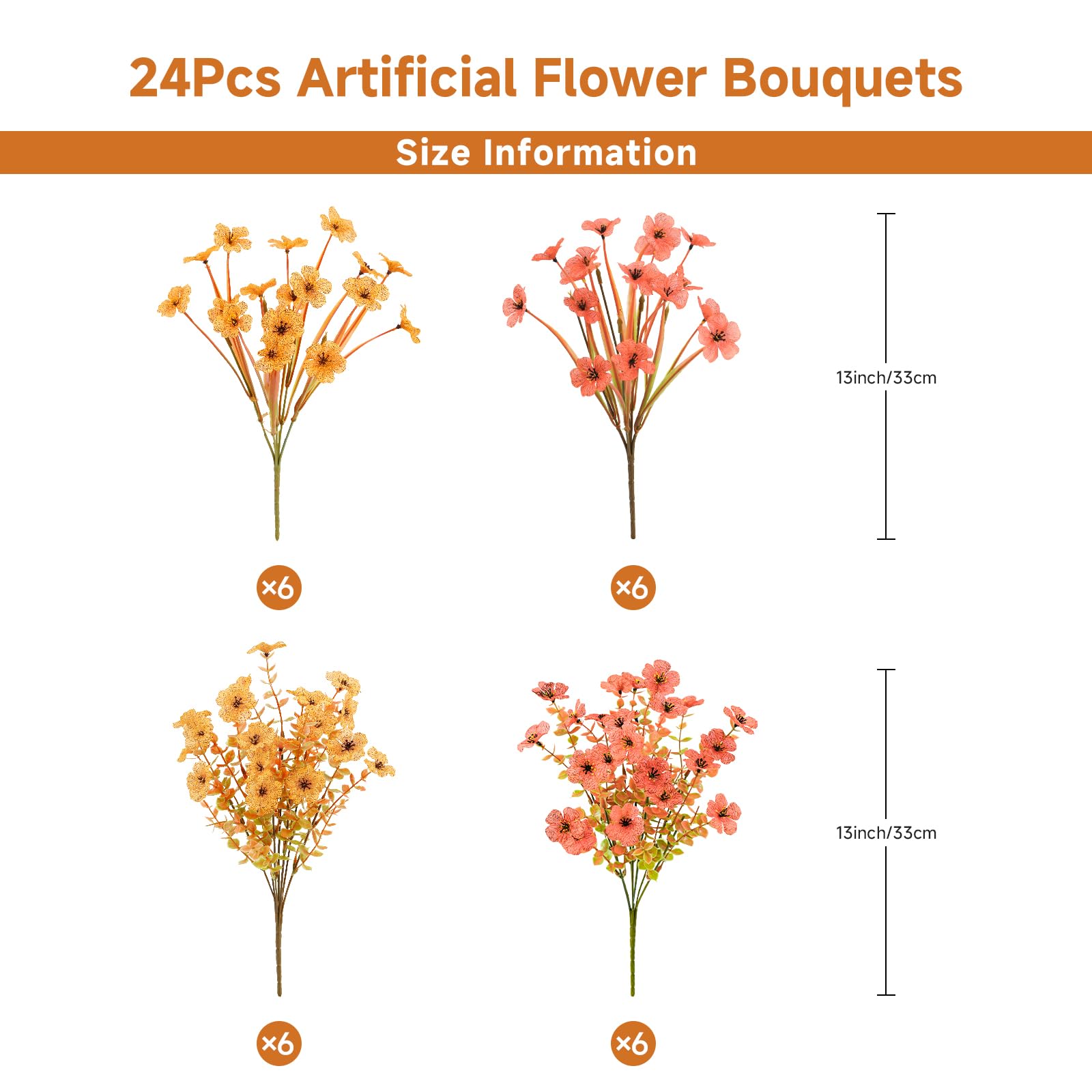 Alupssuc 24 Bundles Artificial Fall Mums Flowers for Outdoors Decoration, UV Resistant Silk Violet and Faux Eucalyptus Autumn Fake Plants for Outside Indoor Yard Home Patio Porch Decor, Orange and Red