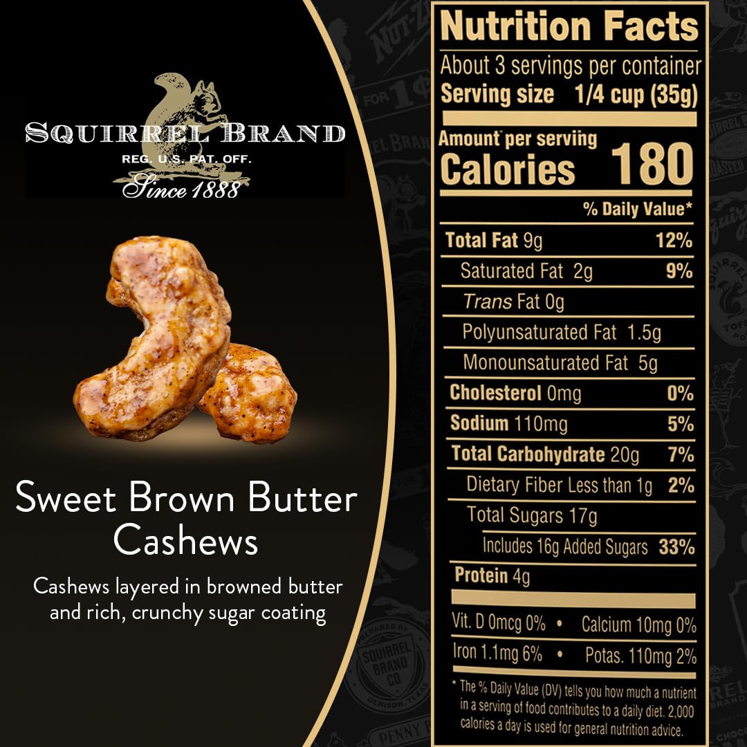 Squirrel Brand Sweet Brown Butter Cashews, 3.5 Ounces Resealable Bag, Gluten Free, Vegetarian