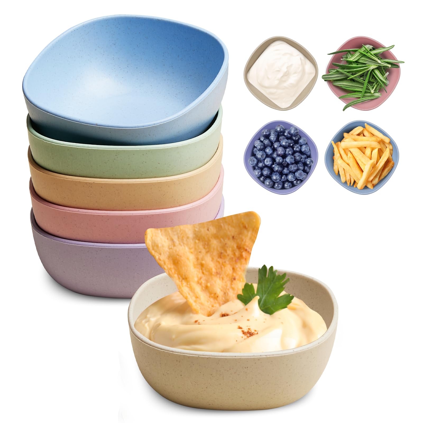 Hlukana 6 Pack Wheat Straw Soy Sauce Dishes, 4.5 OZ Small Dessert Bowls, Unbreakable Dipping Bowl, Pinch Bowls Set, Dipping Sauce Cups, Mini Prep Bowls, Dip Bowls for Side Dish, Ketchup, Soy, BBQ