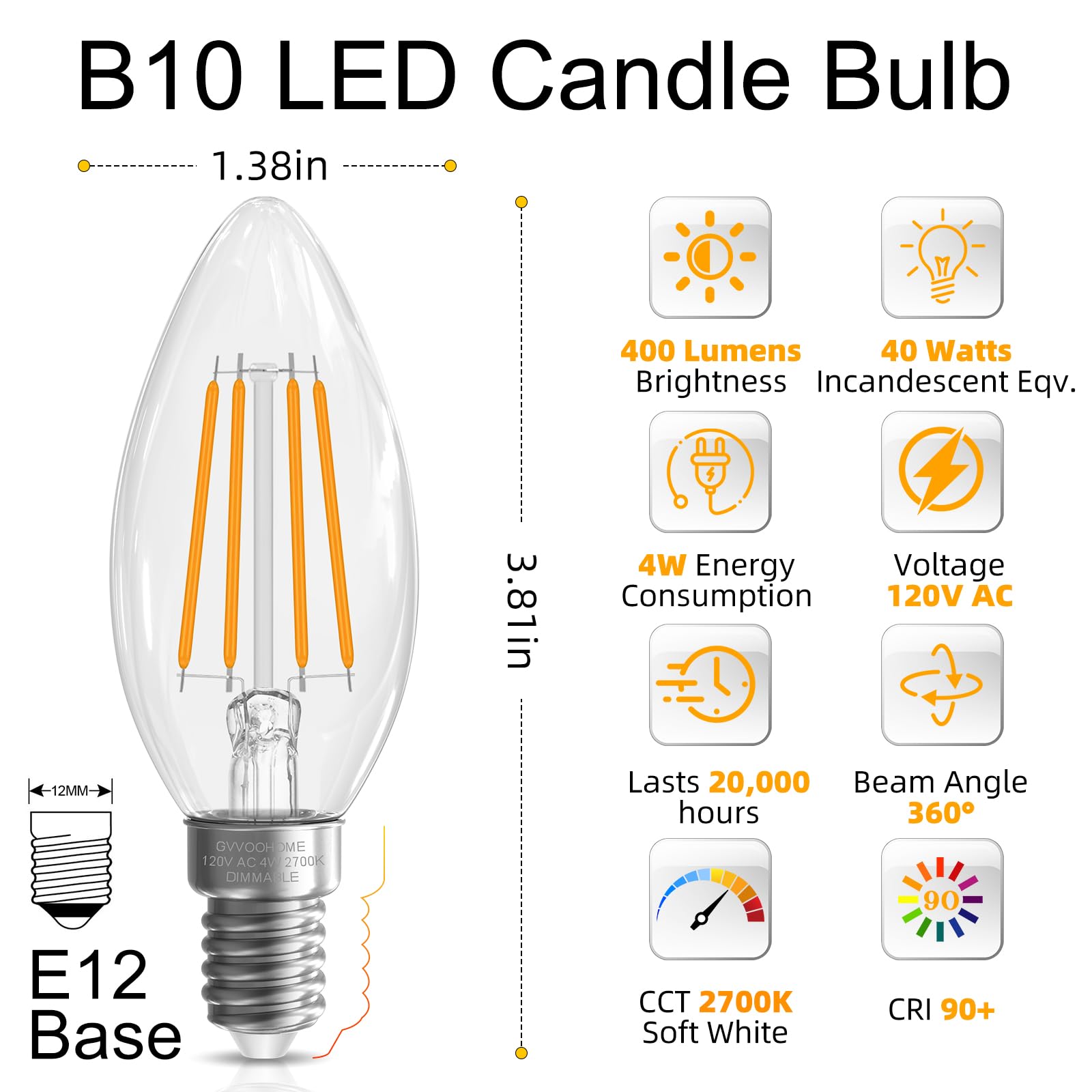 GvvooHome E12 Candelabra Bulb 40 watt Equivalent, E12 LED Bulb Dimmable Chandelier Light Bulbs, B10 Candle Light Bulbs 2700K Soft White, 90+CRI, 400LM, Cear Glass, 12 Pack