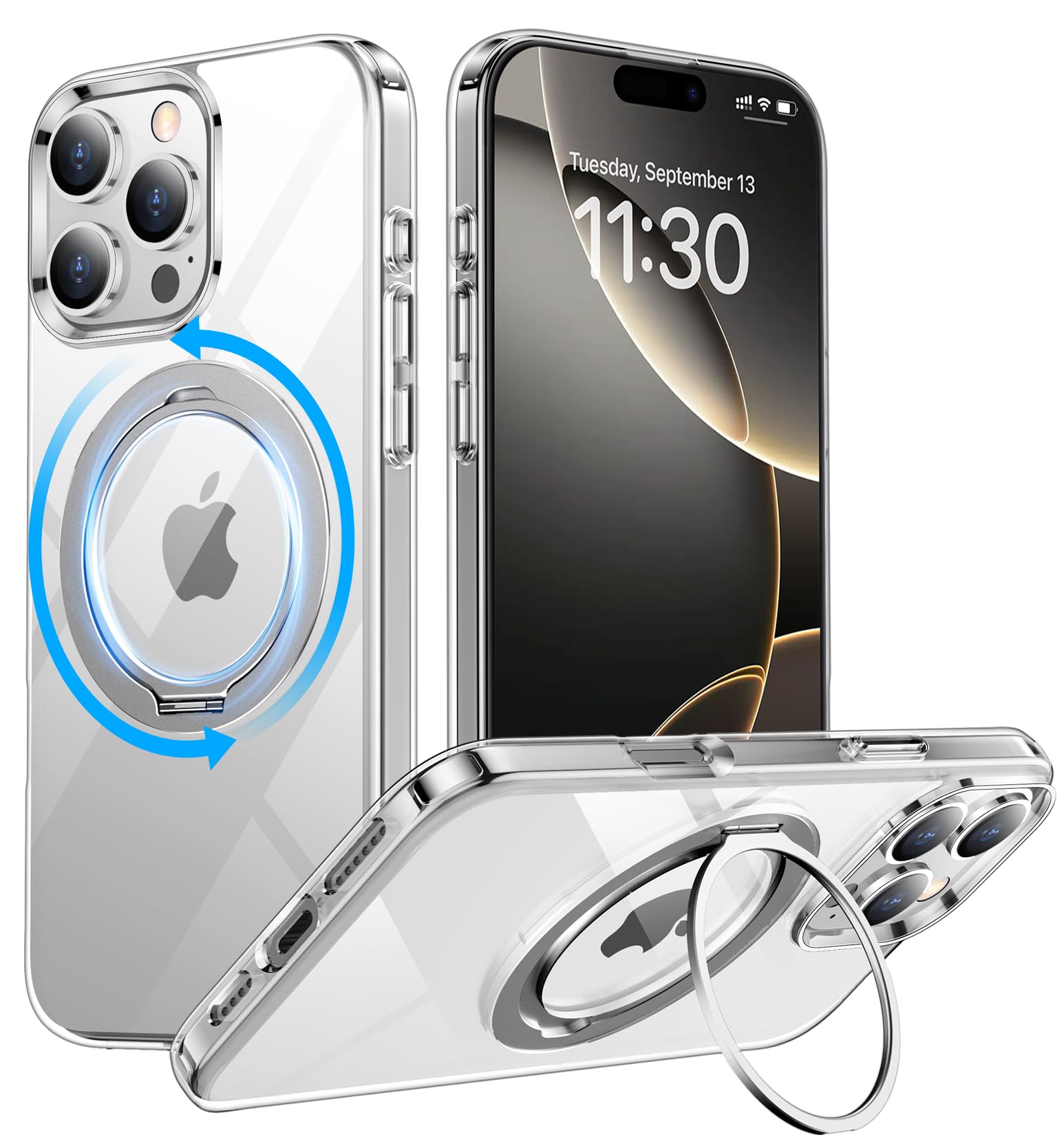 Temdan Designed for iPhone 16 Pro Case, 360°Rotatable Ring Stand Case Compatible with MagSafe Military-Grade Protection Magnetic Kickstand Case 6.3 inch-Clear