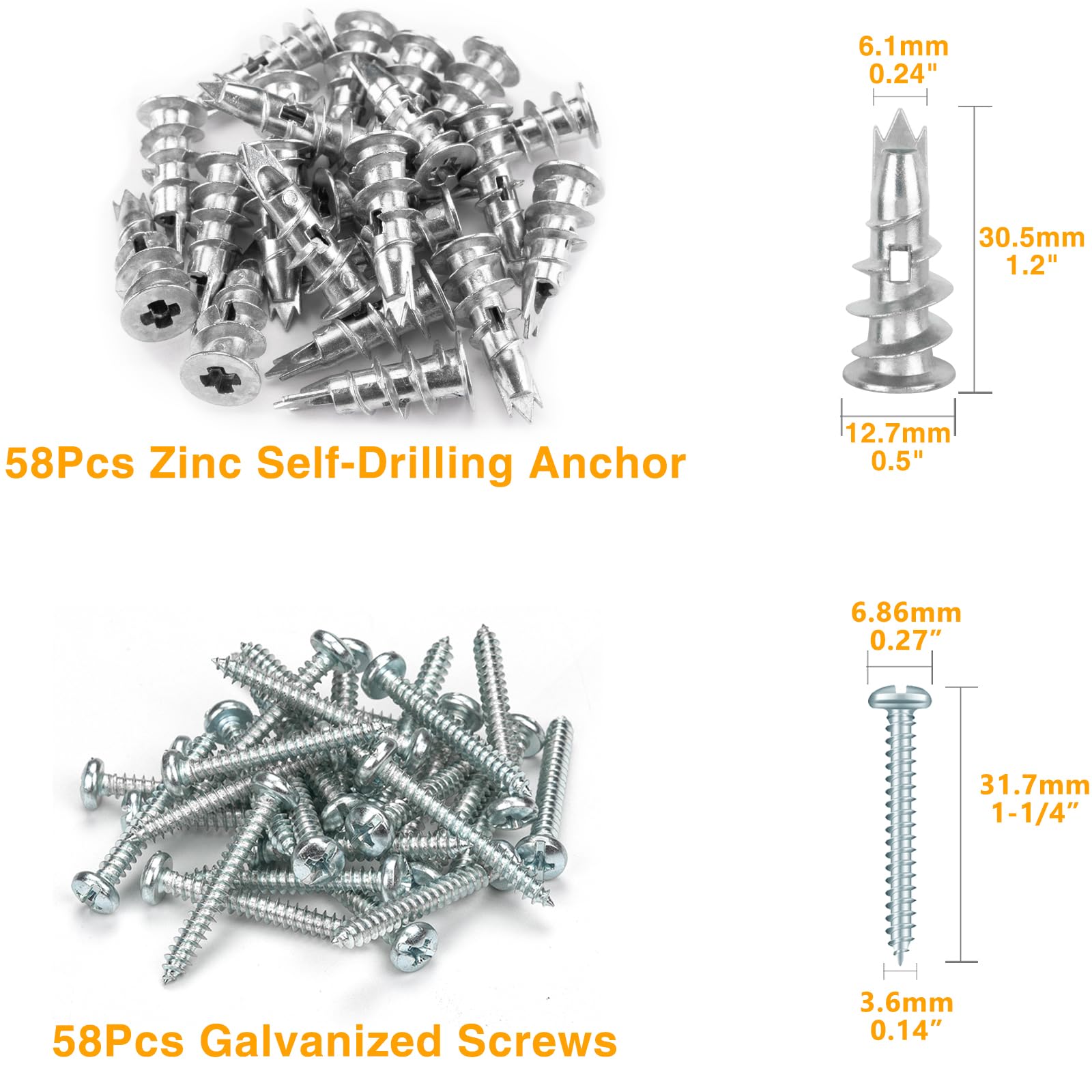 KURUI Metal Self Drilling Drywall Anchors, 116PCs Hollow Zinc Wall Anchors and Screws Kit, 58 Heavy Duty Sheetrock Anchors + 58#6 x 1-1/4'' Screws, 50LB Hanging and Mounting