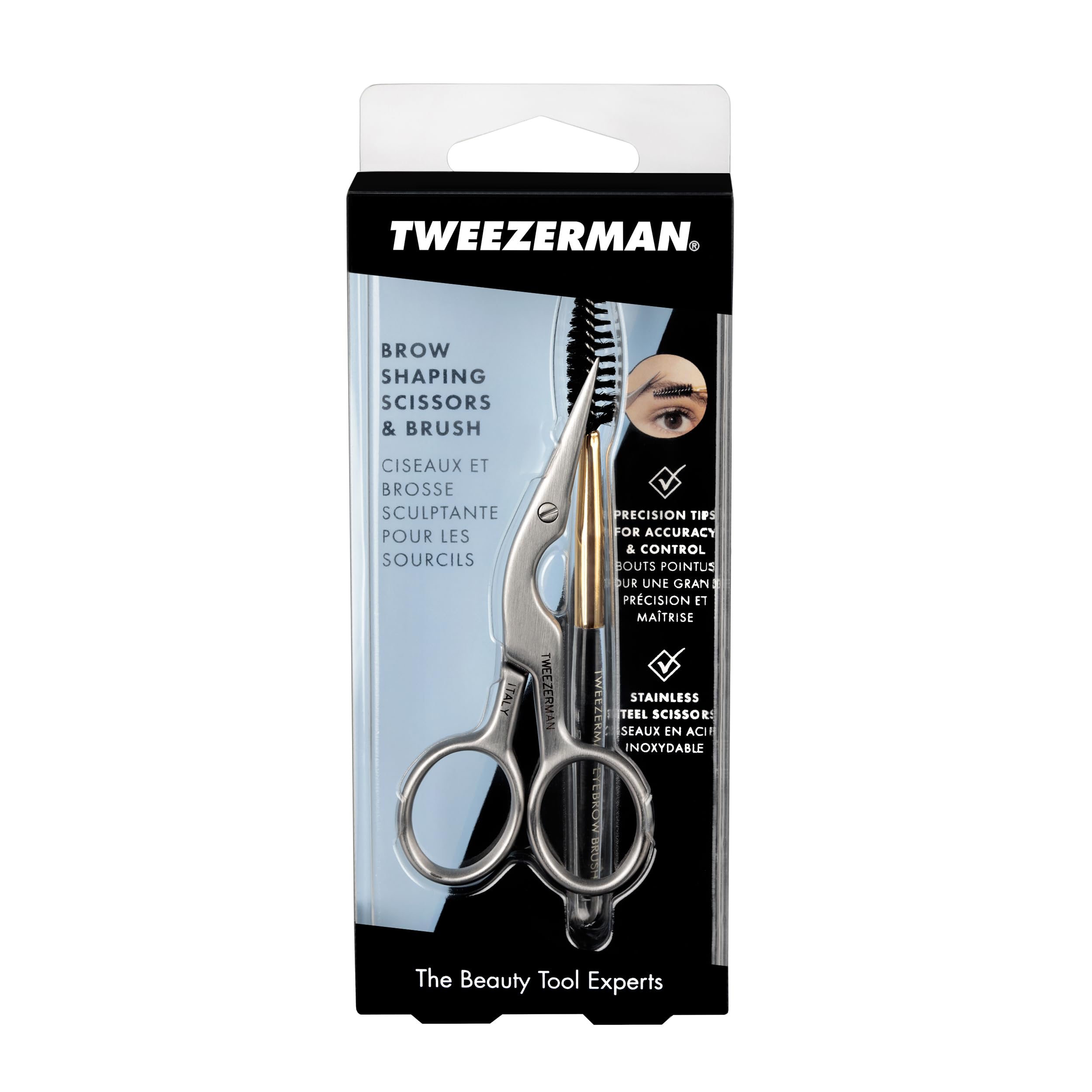 Tweezerman Brow Shaping Scissors and Brush - Stainless Steel Eyebrow Trimming Scissors for Women and Men