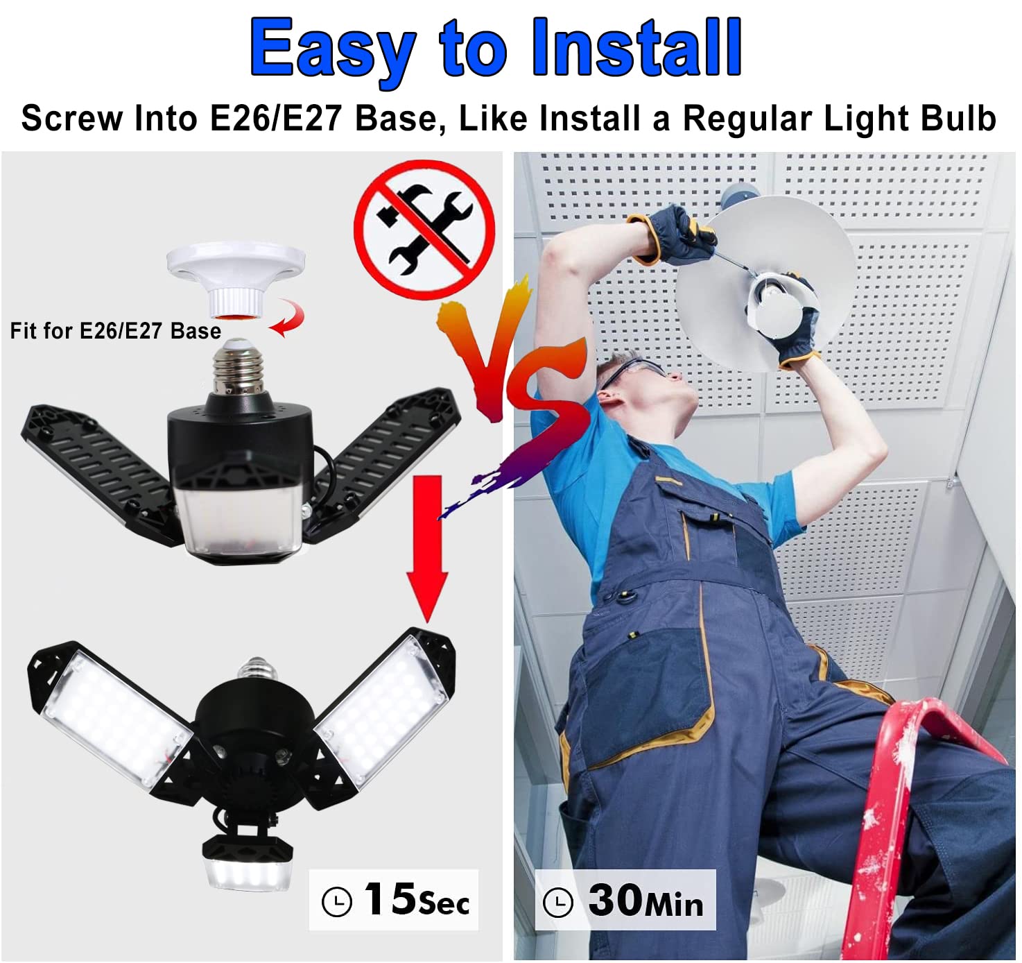 LED Garage Light, 80W 8000 Lumen Ceiling Lights with 3 Adjustable Panels, 6500K Daylight Light Bulb Fixture LED Lights for Garage, Workshop