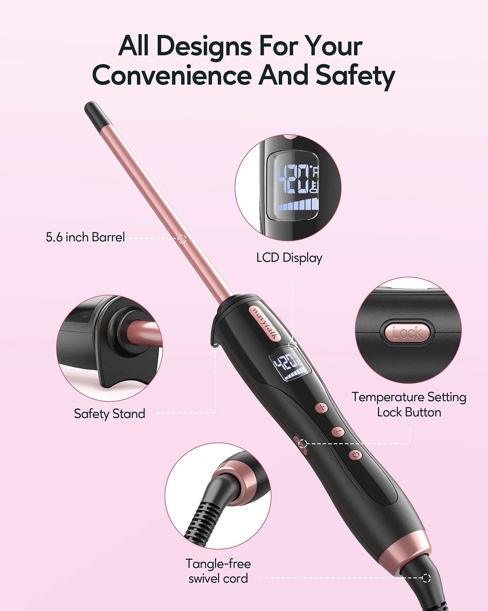 Wavytalk 3/8 Inch Small Curling Iron Wand for Short & Long Hair, Ceramic Barrel with Adjustable Temperature, Heat Resistant Glove Included (Rose Pink)