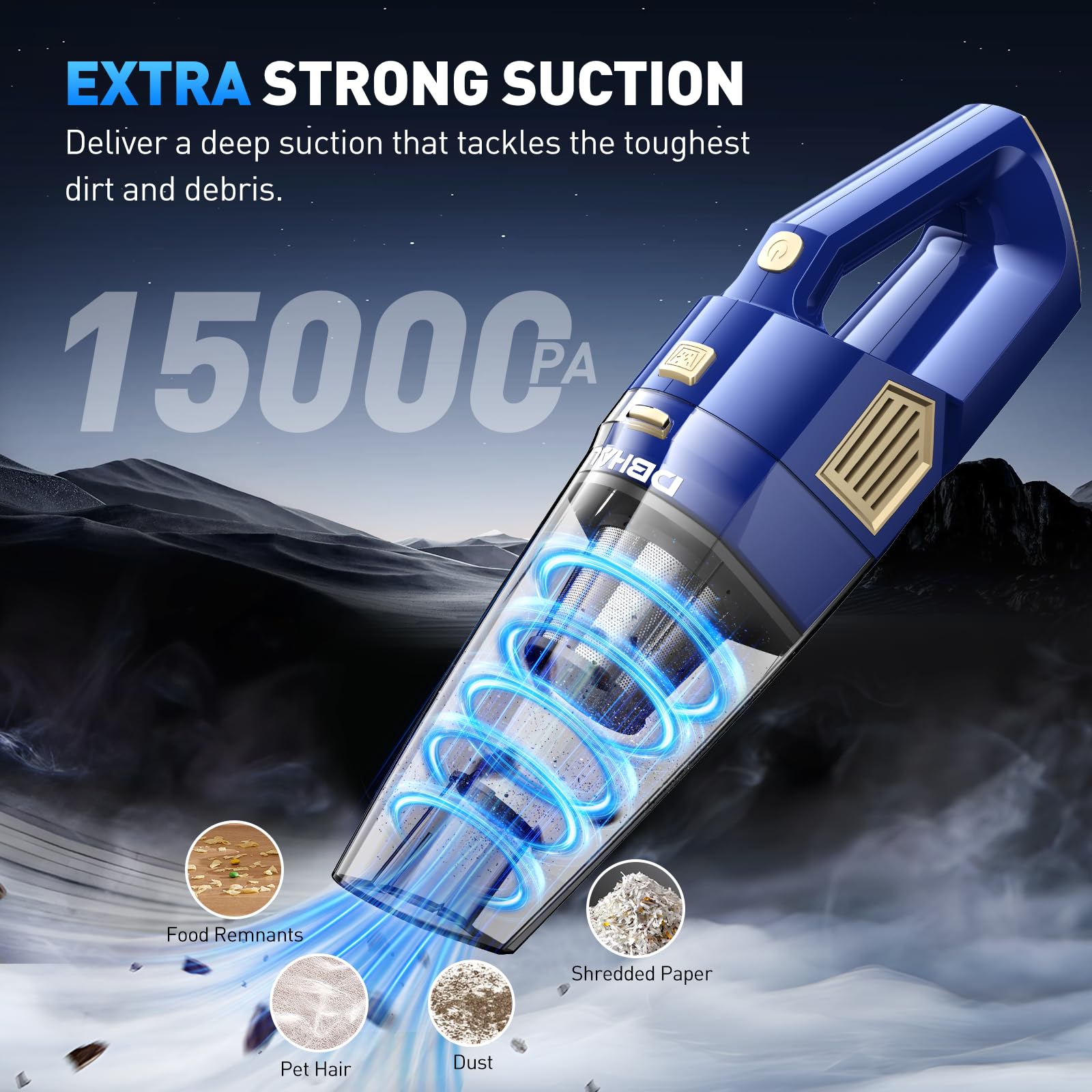 DBHAL Handheld Vacuum Cordless, 15000PA Powerful Suction Car Vacuum Cleaner Lightweight with Multi Accessories, Hand held Vacuum Cleaner Dust Busters Cordless Rechargeable for Car Home