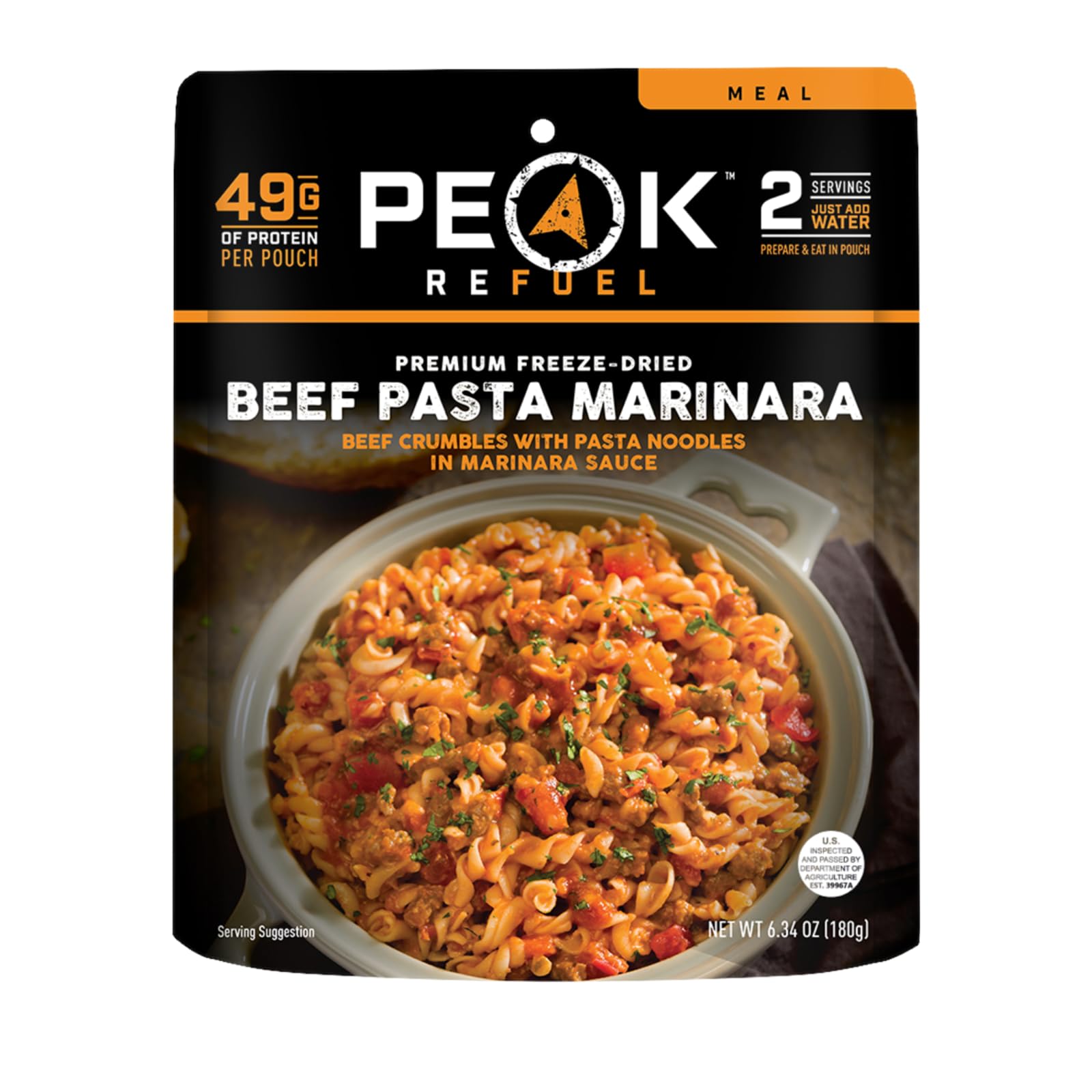 Peak Refuel Rindfleisch-Pasta Marinara | 49g Protein | 1040 Kalorien | 100% Echtes Fleisch | Premium Gefriergetrocknete Trekking- & Campingnahrung | 2 Portionen | Ideales MRE Notfallgericht (Beutel für 2 Portionen)