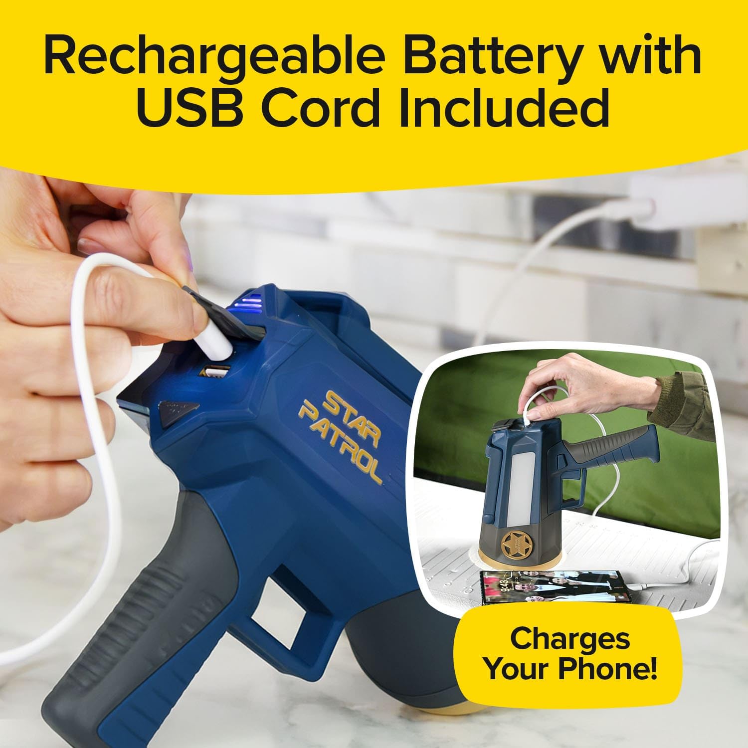 Star Patrol Mega-Bright Rechargeable Spotlight, AS-SEEN-ON-TV, Tactical & Emergency Flashlight, 10 Modes, Turbo Boost Up to 100%, Built-in Kickstand & Phone Charger, for Camping, Emergencies, Walking