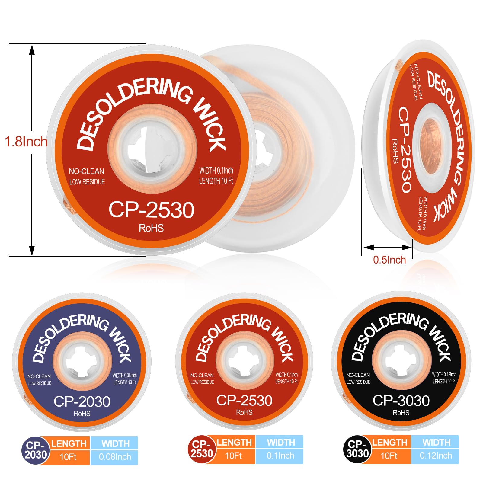 JoTownCand 3PCS Premium Desoldering Wick - 3 Sizes Solder Wick Braid (0.08", 0.1", 0.12" x 10FT) | No Clean Desoldering Braid & Solder Remover | Effortlessly Desolder Wick for PCB Repair & Electronics