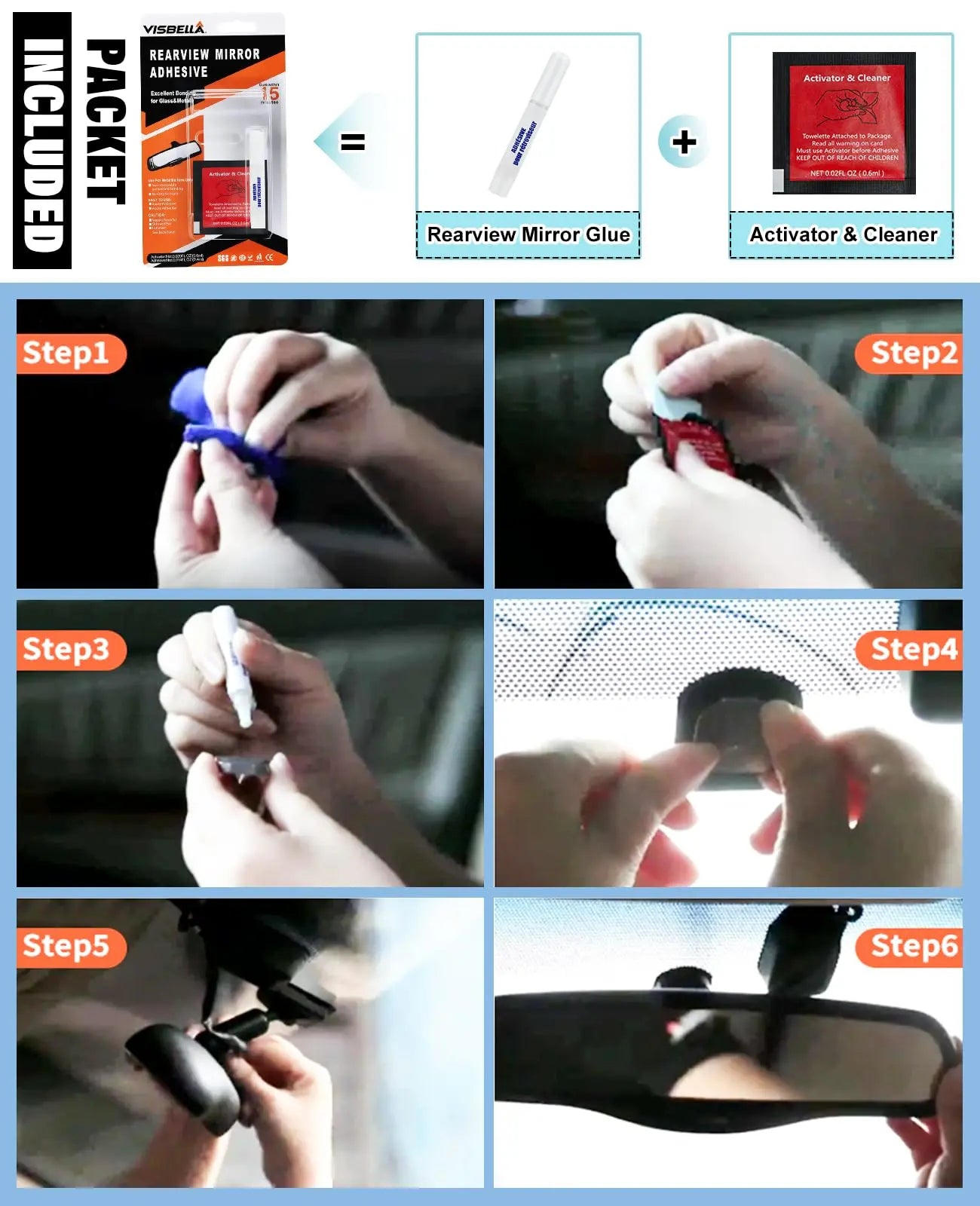 Visbella Rearview Mirror Adhesive Repair Kit Rear View Mirror Glue for Windshield Excellent Bonding for Glass & Metal