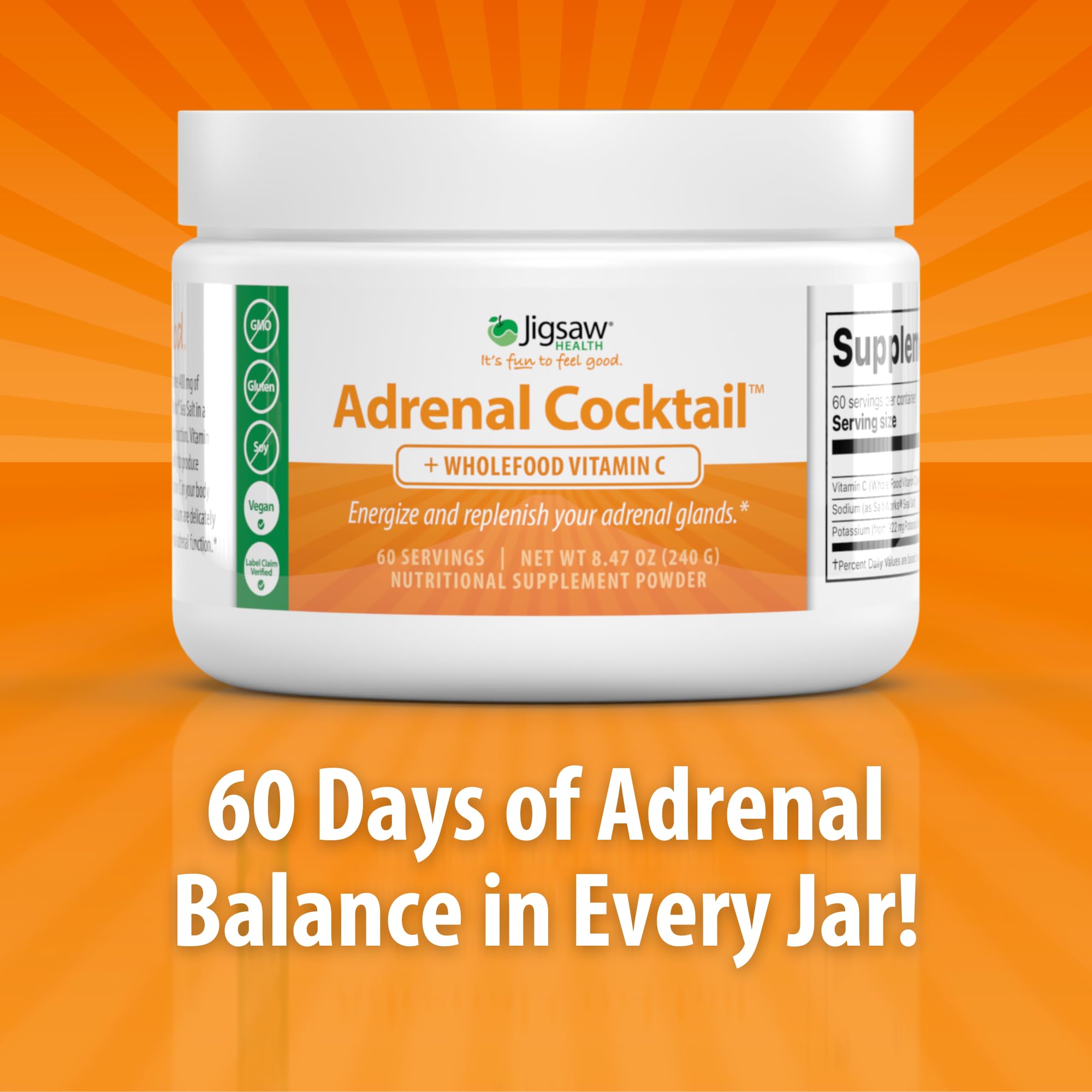 Jigsaw Health Adrenal Cocktail + Wholefood Vitamin C | with Potassium Bicarbonate, Sea Salt, and Acerola Cherry Extract | 60 Servings (Jar)