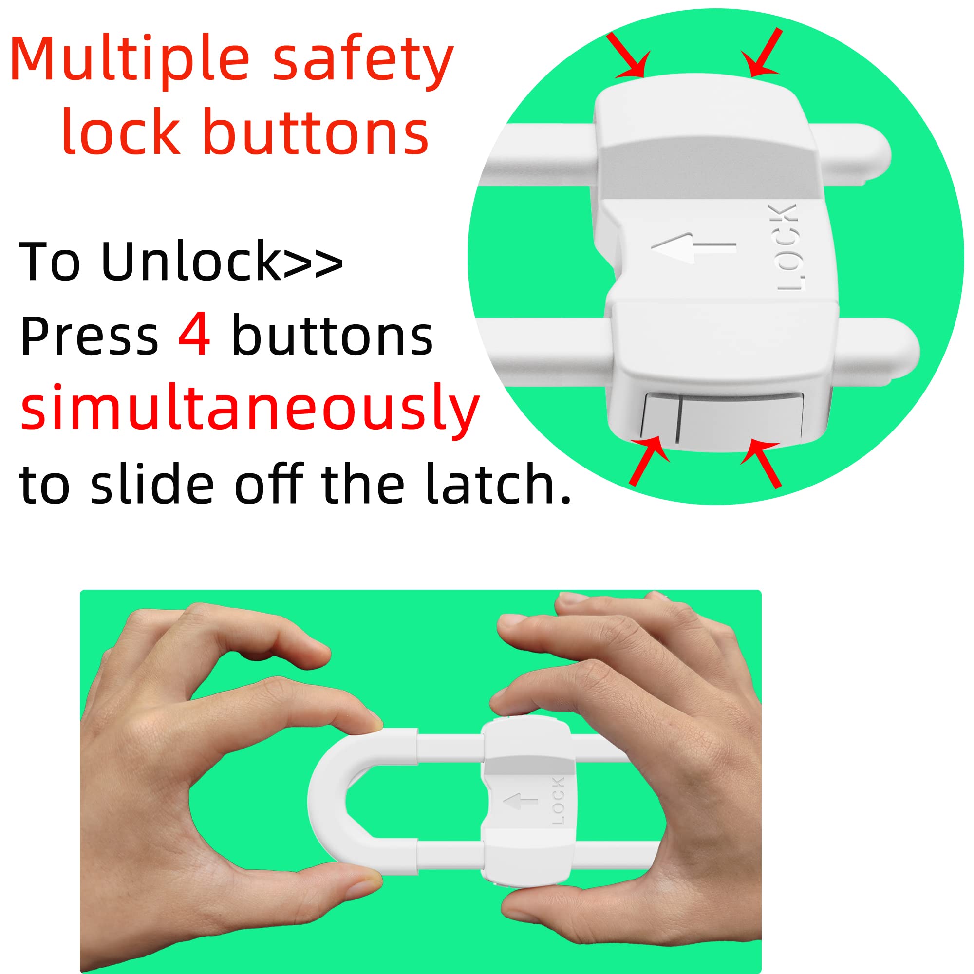 (10 pack white) 4 button Cabinet Locks, U-Shaped Proofing Drawers Safety Child Locks Adjustable, for Wardrobe,Kitchen,Bathroom,Drawer,Fridge,Cupboard Doors Knobs & Handles