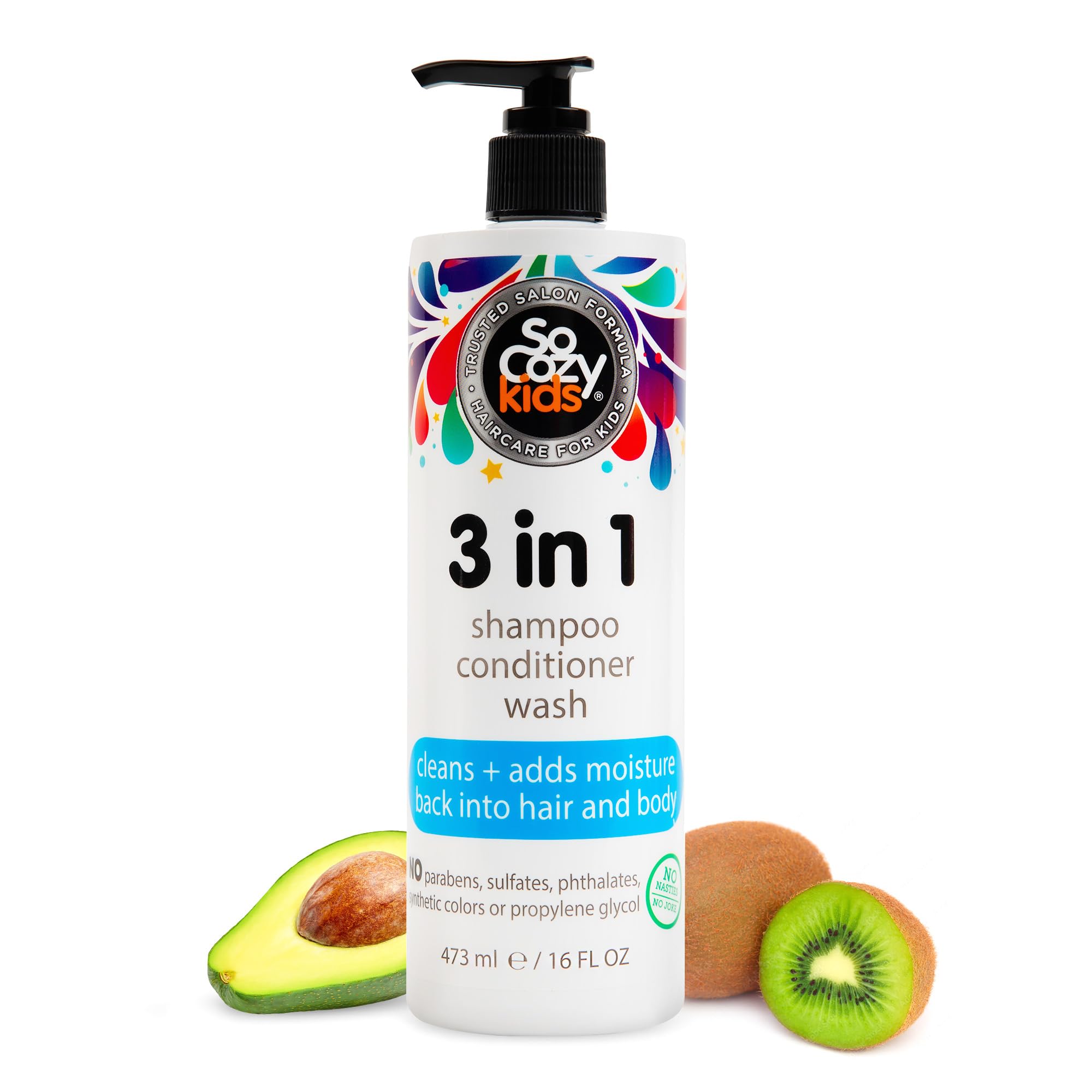 SoCozy 3-in-1 Kinder Shampoo + Spülung + Duschgel (473 ml) Sanfte, feuchtigkeitsspendende Haar- & Körperreinigung mit Keratin, Vitamin B5 & Kiwi-Extrakt, Paraben- & Sulfatfrei