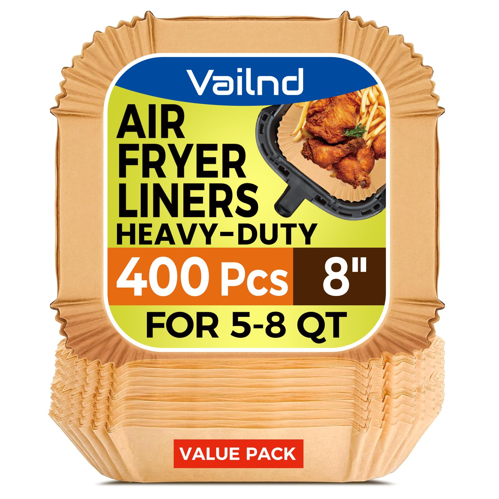 400 Pcs Air Fryer Paper Liners, 8" Square Air Fryer Liners Disposable, Heavy-Duty Parchment Paper for 5-8 qt Airfryer Basket, Non-Stick & Grease-Proof Baking Liner for Oven Pan
