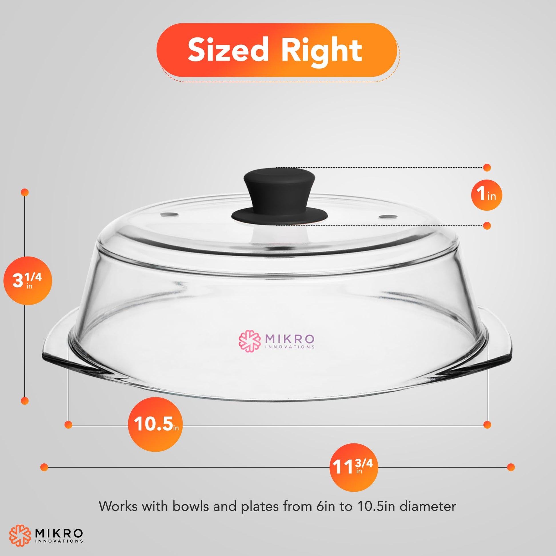 Tall Glass Microwave splatter cover | Sturdy clear 100% food safe BPA free glass lid with easy grip silicone handle | Heavy-duty glass for longer life, Dishwasher safe for easy cleaning - 10.5in