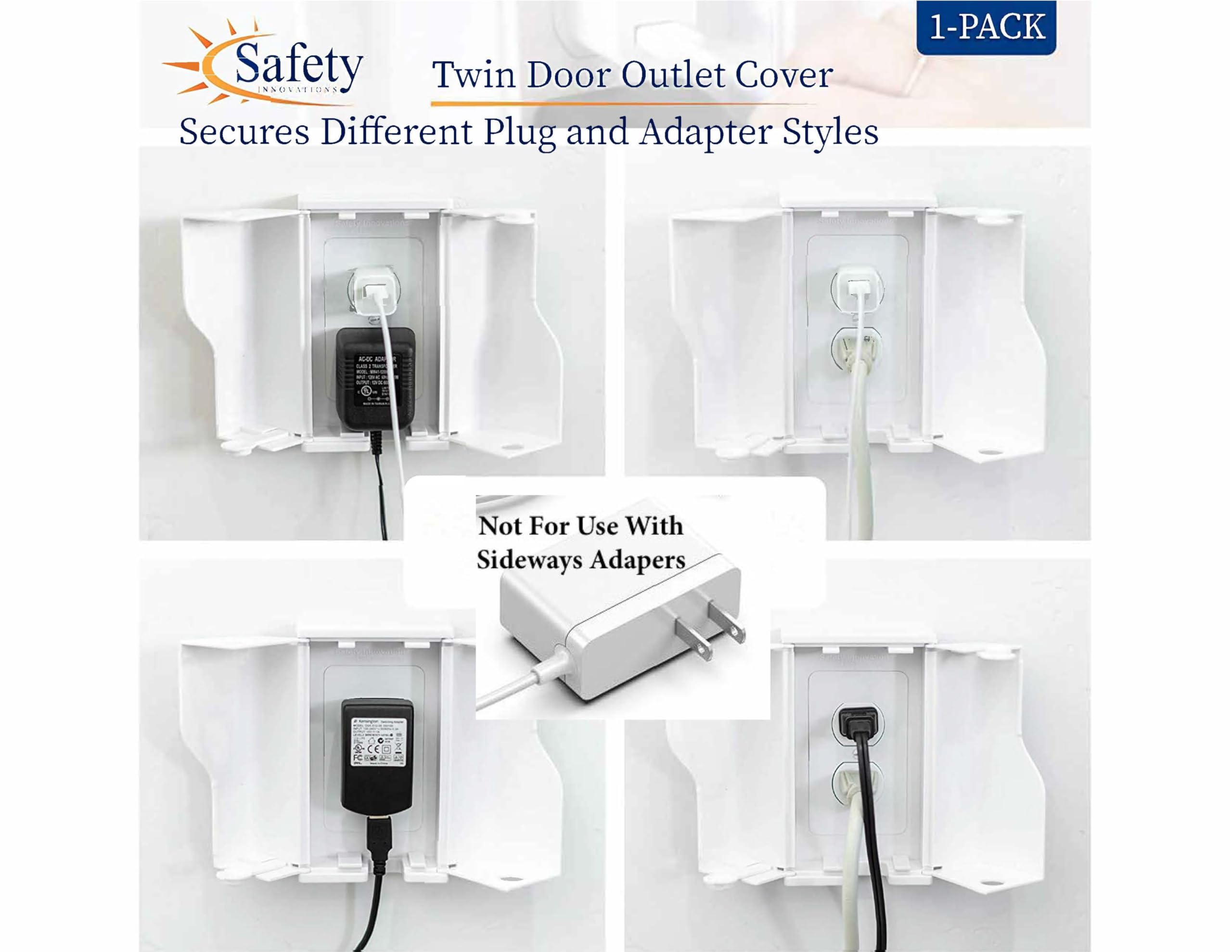 Safety Innovations Twin Door Baby Safety Outlet Cover Box for Babyproofing Outlets - More Interior Space for Extra Large Electrical Plugs and Adapters - Easy to Install - Easy to Use, (1-Pack)