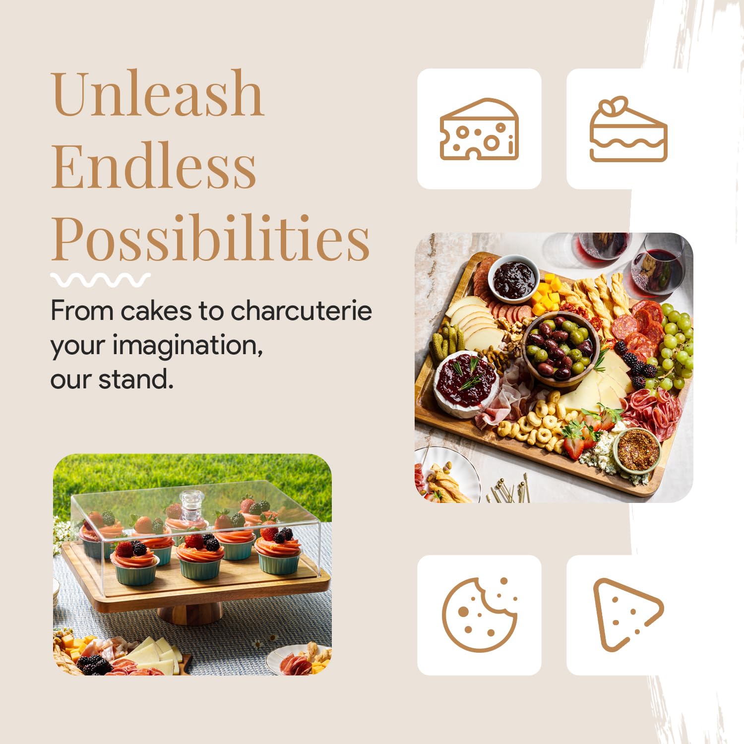 HOMESPHERE Acacia Wood Cake Stand with Lid - Rectangular Cake Holder, 2-in-1 Dessert Table Display Set & Charcuterie Board for Cheese, Chips, Fruit Platter, Large Acrylic Cake Dome Cover, No Glass