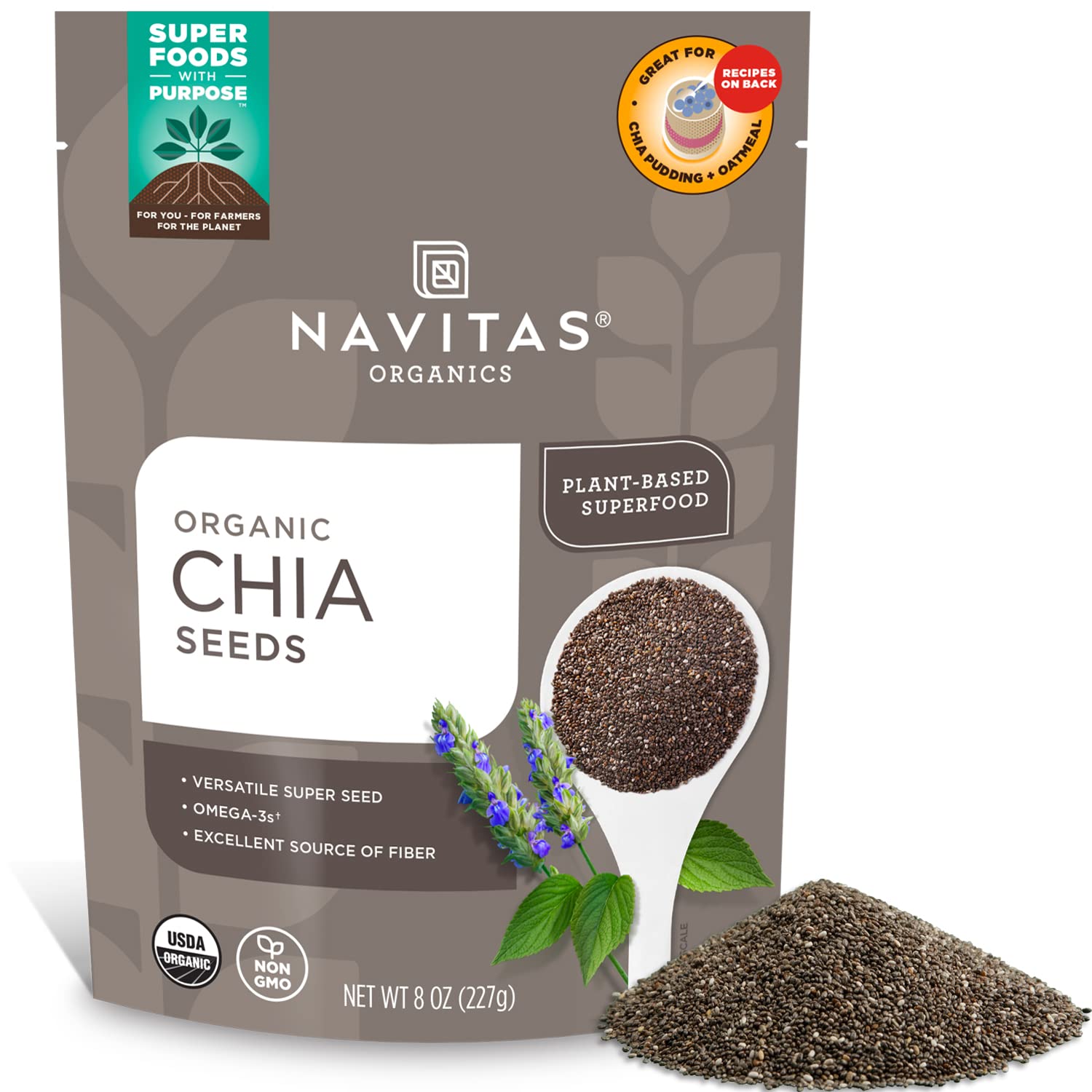Navitas Organics Chia Seeds – For Chia Pudding, Smoothies, Baking, Salads & More – Omega 3, Fiber, Minerals - USDA Organic, Non GMO, Kosher, Gluten Free, Keto (8oz. Bag, 8 Servings)