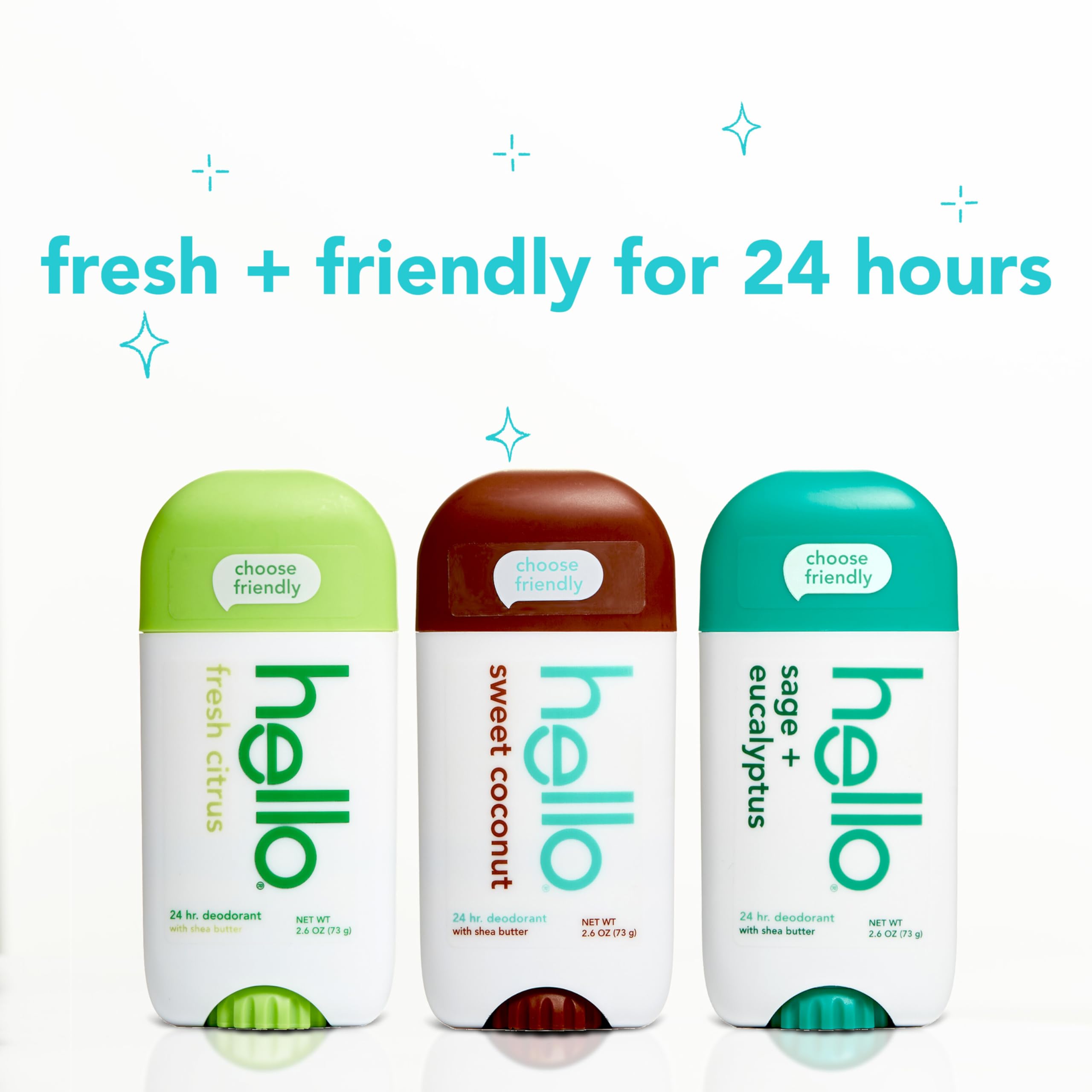 hello Deodorant Variety Pack (Sweet Coconut, Fresh Citrus, White Sage) for Women + Men, Aluminum Free, Baking Soda Free, Parabens Free, 24 Hour Odor Protection, 2.6 Ounce, 3 Pack