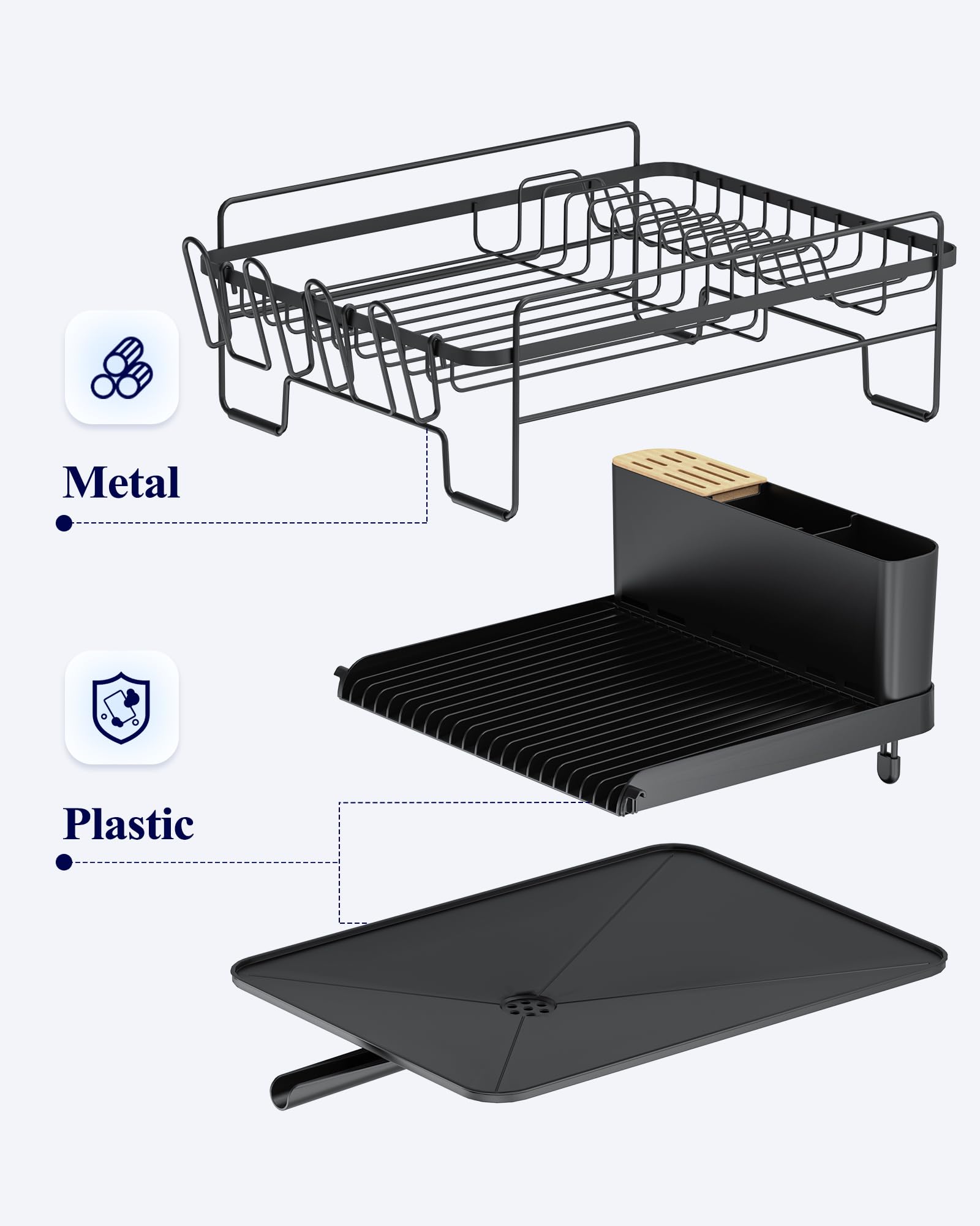 Kitsure Large Dish Drying Rack - Extendable Dish Rack, Multifunctional Dish Rack for Kitchen Counter, Anti-Rust Dish Drainers with Cutlery & Cup Holders 19.2"-26.7" L x 12.9" W, Black