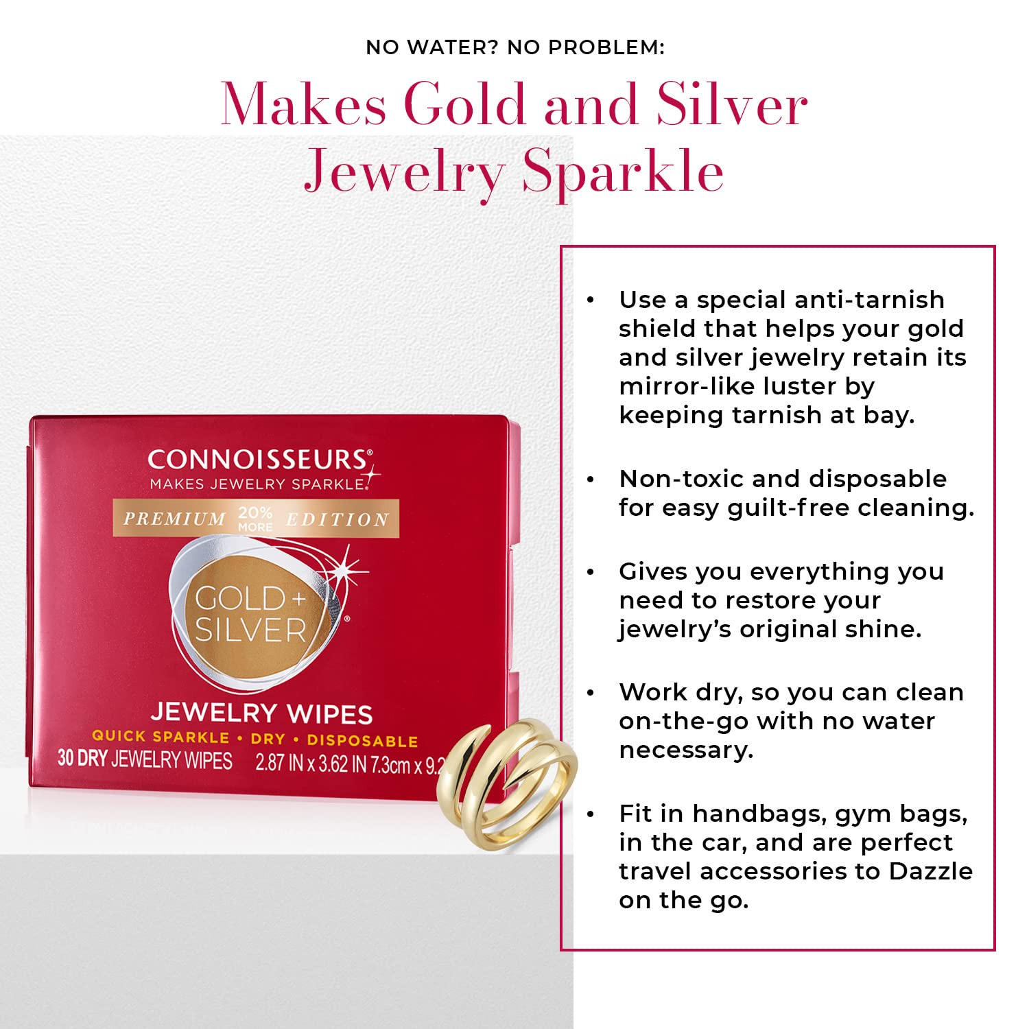 CONNOISSEURS Premium Edition Jewelry Wipes for Gold & Silver Jewelry - 30 Pack - Dry and Disposable - Clean, Polish, and Remove Tarnish