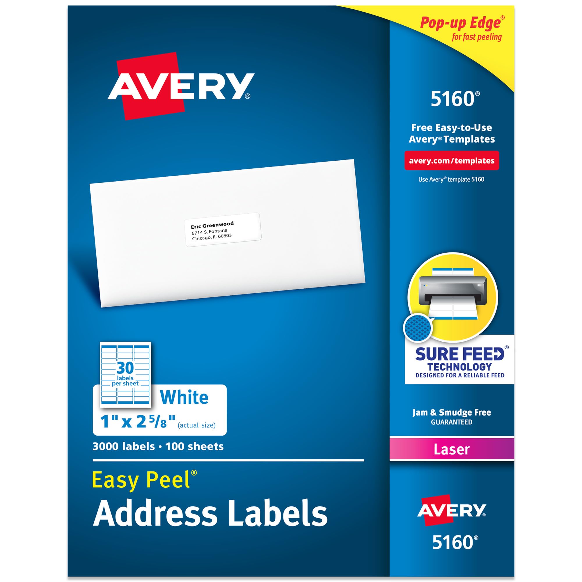 Avery Easy Peel bedruckbare Adressetiketten mit Sure Feed, 25,4 x 66,7 mm anpassbare Aufkleber, Weiß, 3.000 leere Versandetiketten, Ideal für den Versand und mehr (5160)