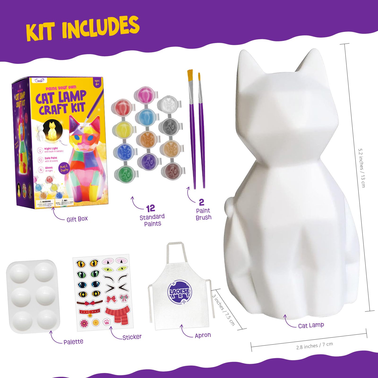 Paint Your Own Cat Lamp Kit, Arts and Crafts for Kids Ages 8-12, Art Supplies Painting kit for Kids 6-12, Cat Night Light Toys Girls Boy Birthday Gift for Kid Ages 3 4 5 6 7 8 9 10 11 12+