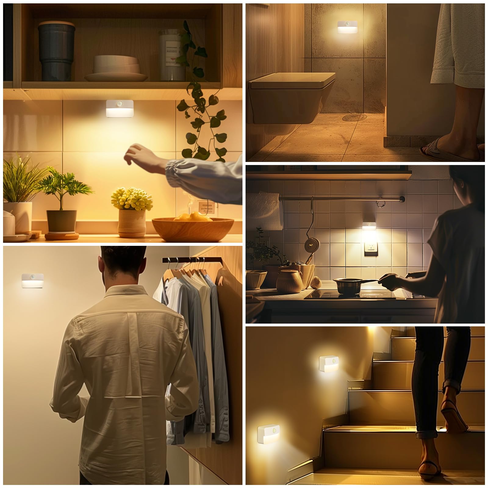 Guankai 8 Pack Motion Sensor Stair Light for Indoor, Battery Operated Closet Lights, Wireless Stick on Anywhere Hallway Lamp, Portable Led Night Lamps for Bedroom Under Cabinet Kitchen