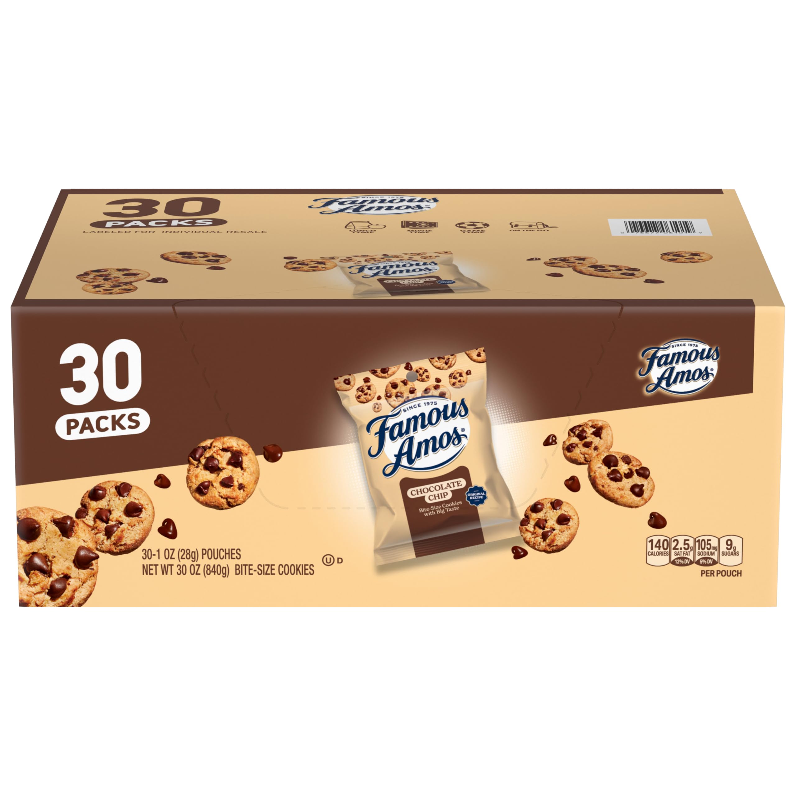 Famous Amos Original Recipe Chocolate Chip Bite-Size Cookies, 30 Pack Box, 30 oz