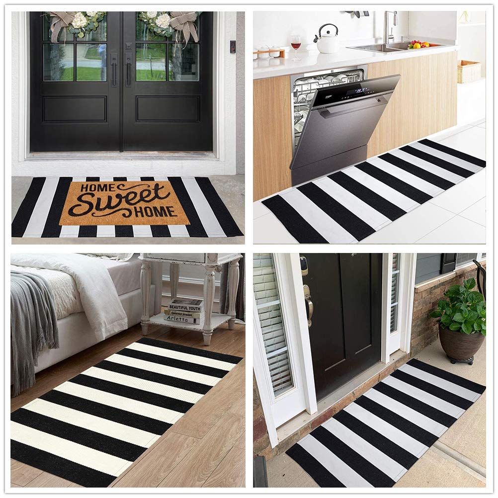 KaHouen Black and White Striped Rug (23.6 x 51.2 Inches), Striped Layering Mats, Handmade Woven Indoor Outdoor Doormats Striped Rug for Kitchen/Laundry/Bathroom/Living Room