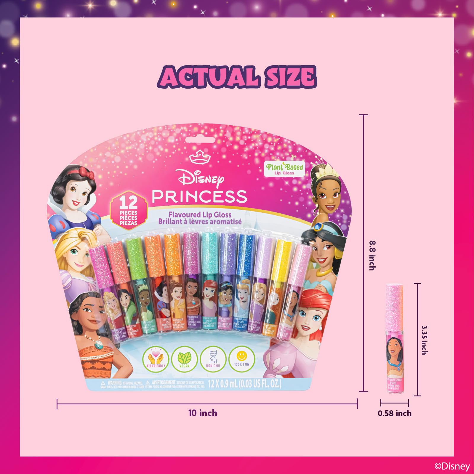 Disney Princess 12 Piece Plant Based Lip Gloss, Girls Party Favors, First Makeup Set for Girl, Perfect for Parties, Sleepovers, and Birthday Gifts, Ages 3+, by Townley Girl