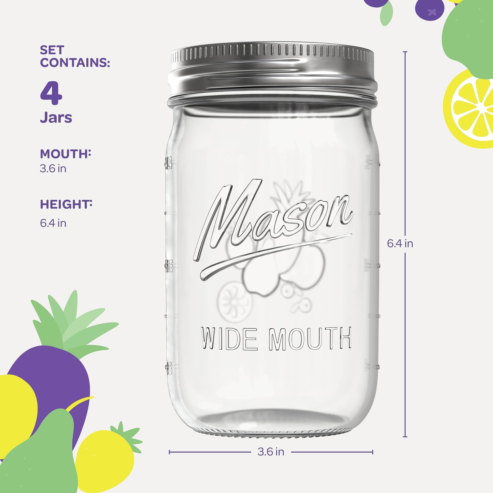 Wide Mouth Mason Jars 32 oz [4 Pack] With Mason Jar Lids and Bands, Mason Jars 32 oz - For Canning, Fermenting, Pickling - Jar Decor - Microwave/Freeze/Dishwasher Safe.