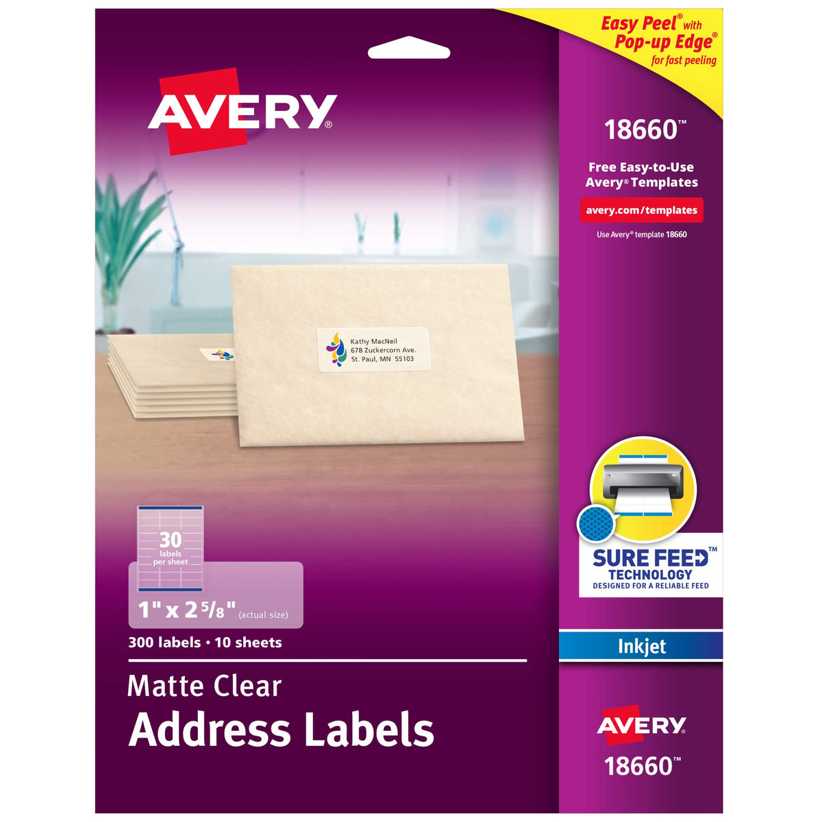 Avery bedruckbare Adressetiketten mit Sure Feed, 25,4 x 66,7 mm, matt, transparent, 300 leere Versandetiketten (18660)