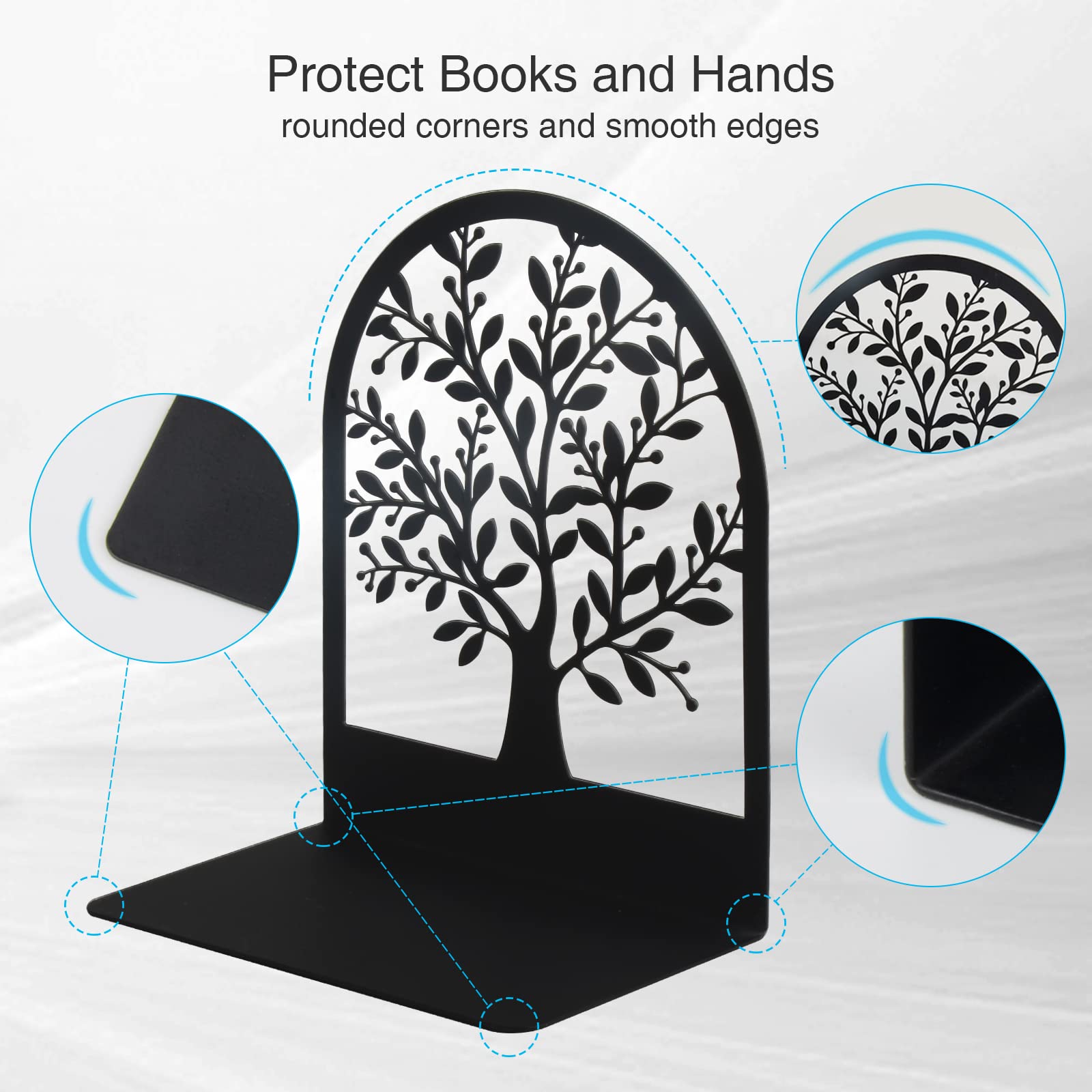 Umikk Book Ends, Metal Bookend, Tree of Life Bookend for Shelves, Home Decorative Bookends for Heavy Books, Black Non-Skid Book Stopper, 7 x 5.5 x 3.5 inch (1 Pair)
