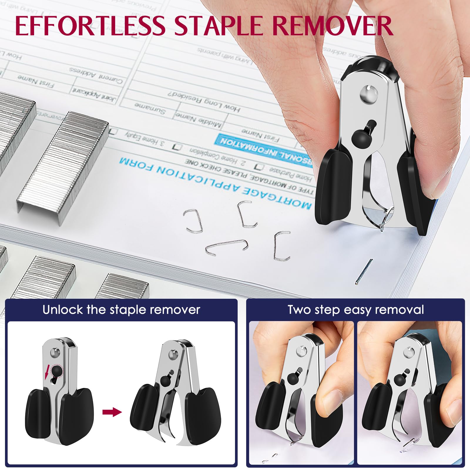 Metal Stapler Heavy Duty 50 Sheet Capacity with 1750 Staples and Staple Remover, Full Strip Staplers for Desk, No Jam, Non-Slip for Office & Classroom, Black