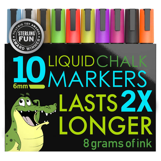 Crafty Croc Liquid Chalk Markers, 10 Pack of Neon Chalk Pens, For Nonporous Chalkboards, Bistro Boards, Glass and Windows