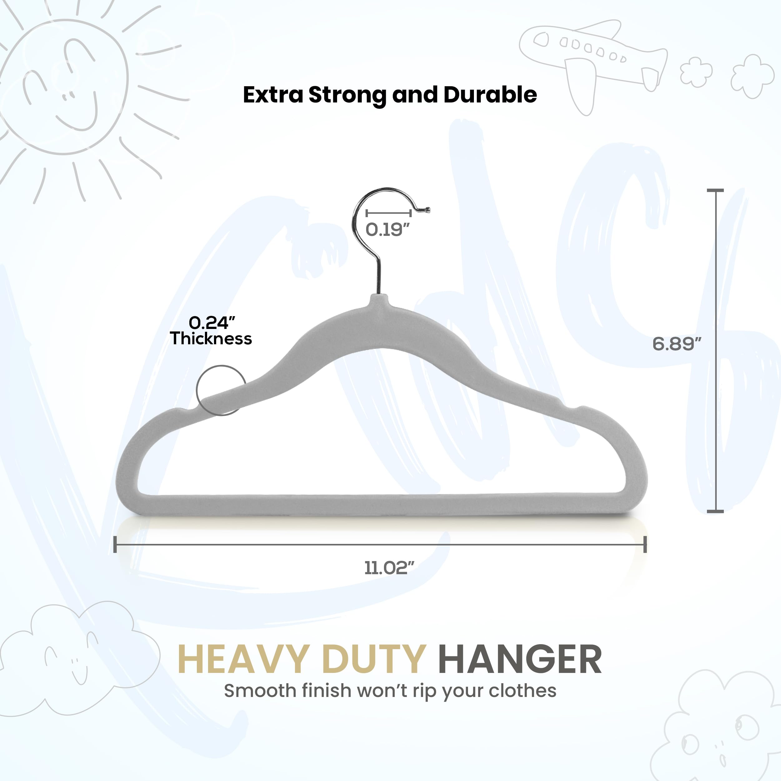 Utopia Home Kids Hangers Velvet (50 Pack) - 11 Inch Durable Baby Hangers for Closet - Perfect for Toddler & Non Slip for Everyday Use (Grey)