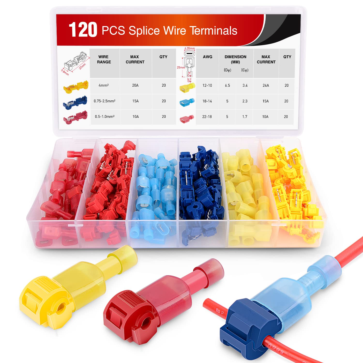Nilight - 50004R 120 Stück/60 Paare Schnellverbindungs-Kabelklemmen T-Abzweig selbstisolierend mit vollständig isolierten Nylon-Steckverbindern, Kit, 2 Jahre Garantie