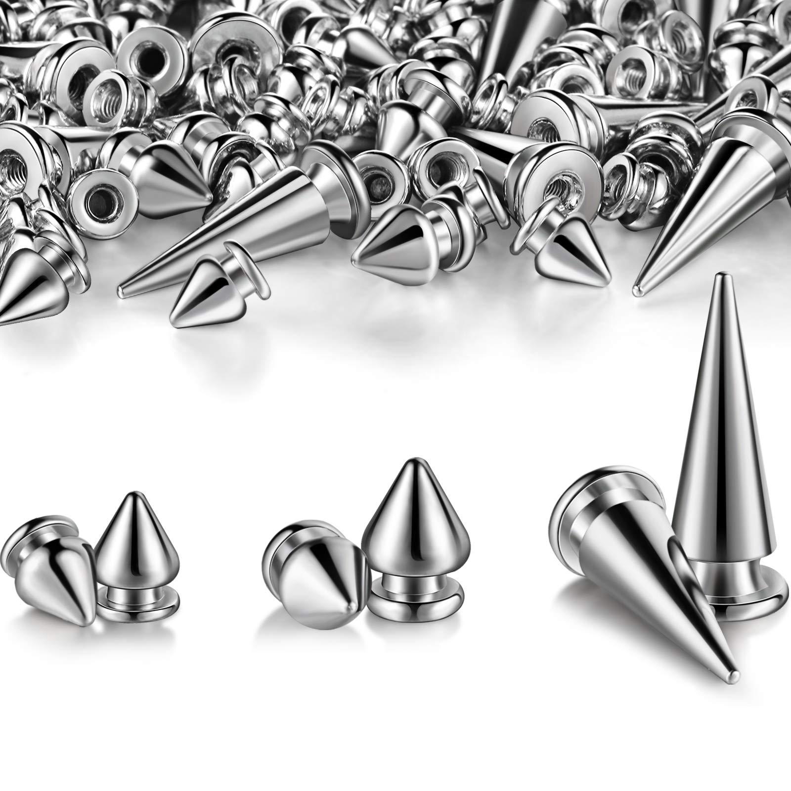 170 Pieces Multiple Sizes Cone Spikes Screwback Studs Rivets Large Medium Small Metal Tree Spikes Studs for Punk Style Clothing Accessories DIY Craft Decoration (Silver)