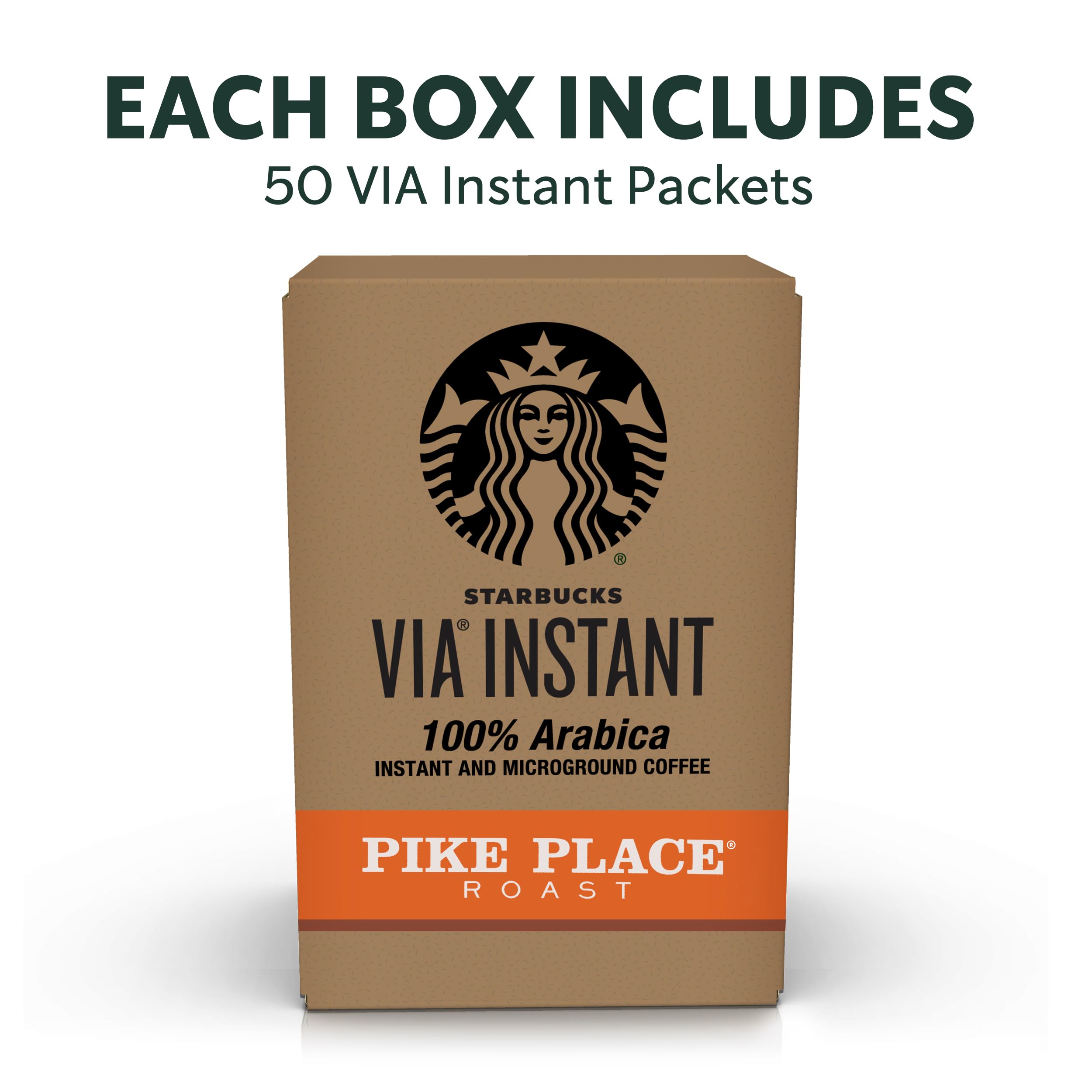 Starbucks VIA Instant Coffee, Medium Roast Coffee, Pike Place Roast, 100% Arabica, 1 box (50 packets)