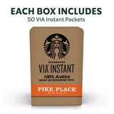 Starbucks VIA Instant Coffee, Medium Roast Coffee, Pike Place Roast, 100% Arabica, 1 box (50 packets)