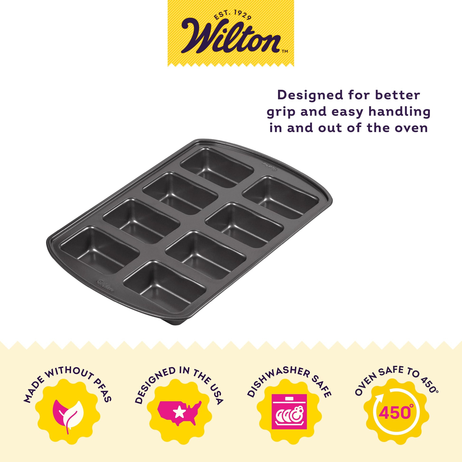 Wilton Gold Premium Non-Stick Warp-Resistant Bakeware, Made without PFAs, Mini Loaf Pan, 8-cavity, 15 x 10 x 1.5 in, Packaging May Vary