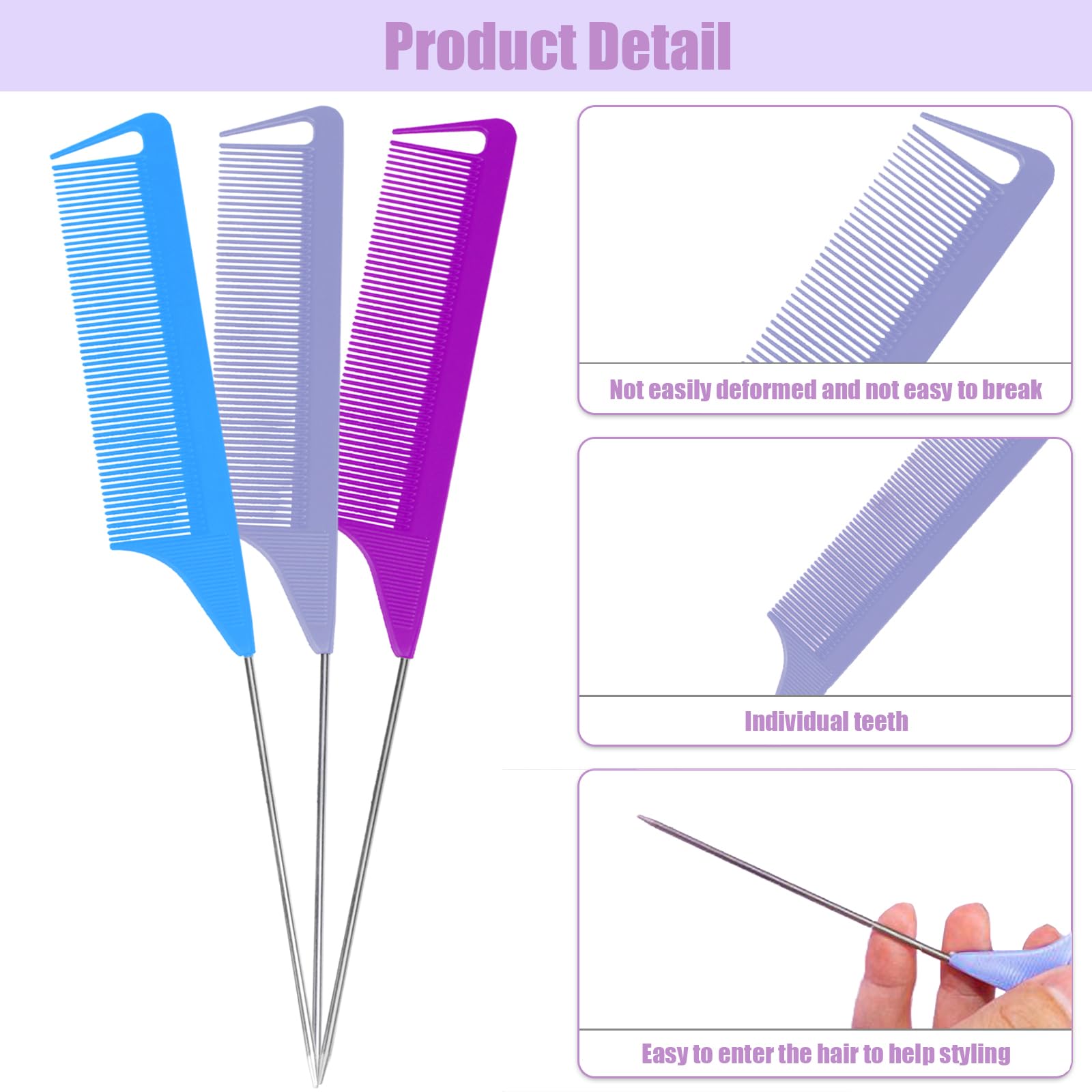 10 PCS Rat Tail Combs Set - Hair Teasing Fine Tooth Comb for Women Girls, Parting Comb for Braiding Hair Styling Tools & Appliances with Stainless Steel Pintail Carbon Fiber Heat Resistant