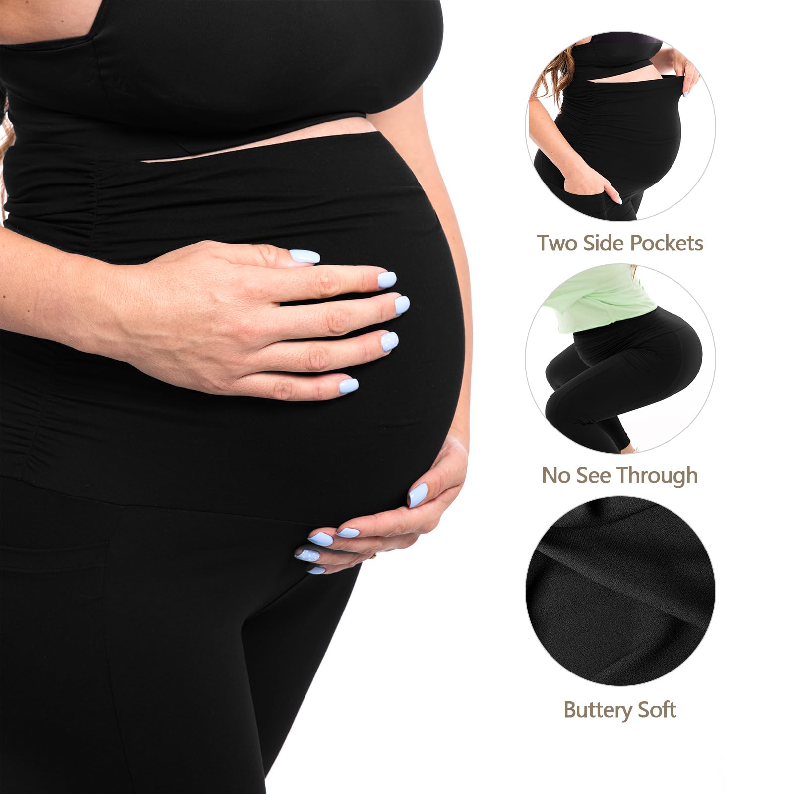 Walifrey Women's Maternity Leggings with Pockets Over The Belly,Pregnancy Yoga Pants Activewear Workout Leggings Black M