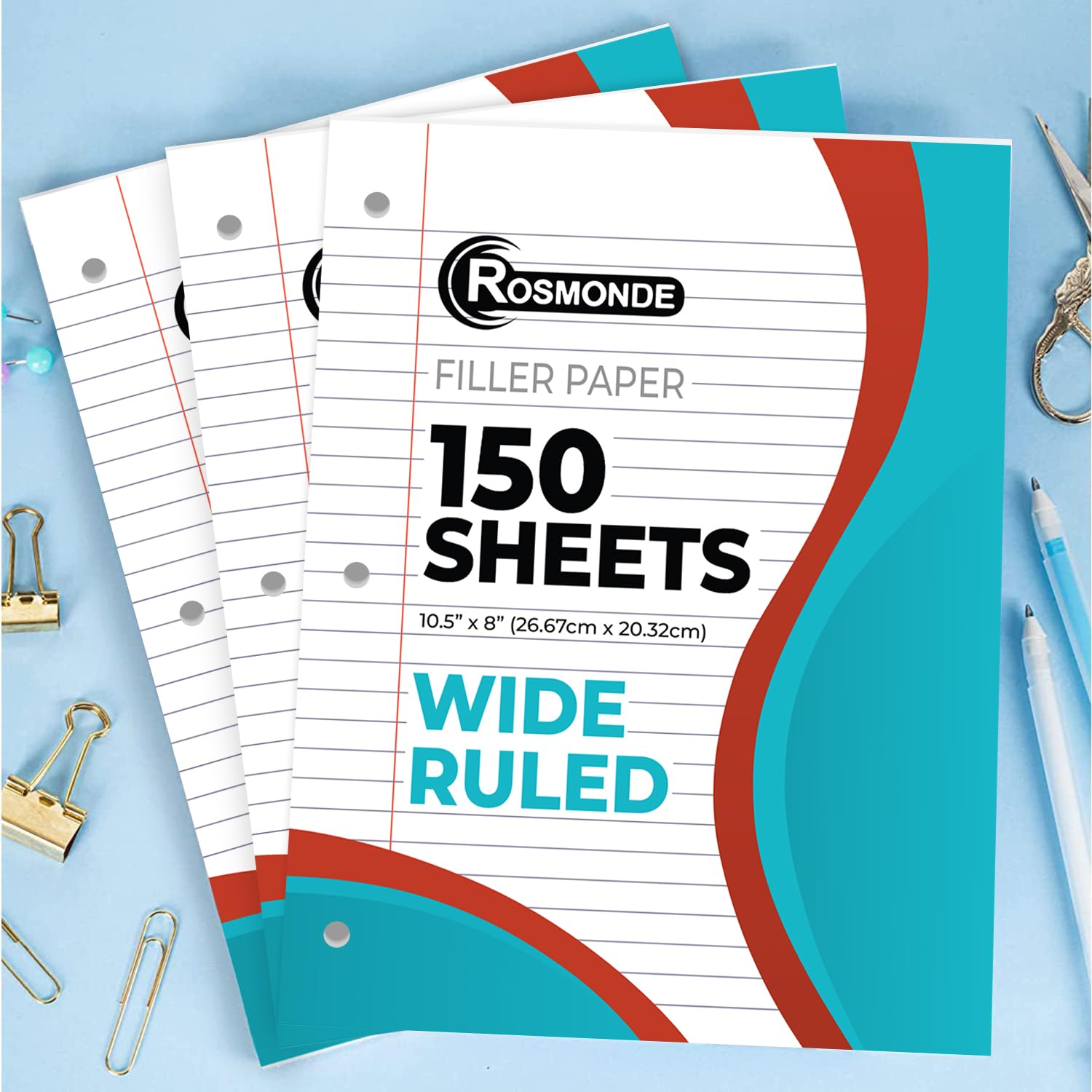 Rosmonde Loose Leaf Paper, 450 Sheets, 3 Pack, 56 gsm Wide Ruled Sheets, 8" x 10.5", Bulk Notebook Paper, 3 Hole Punched, 150 Sheets/Pack, Wide Ruled Paper for Binders, Loose Leaf Office Paper, White
