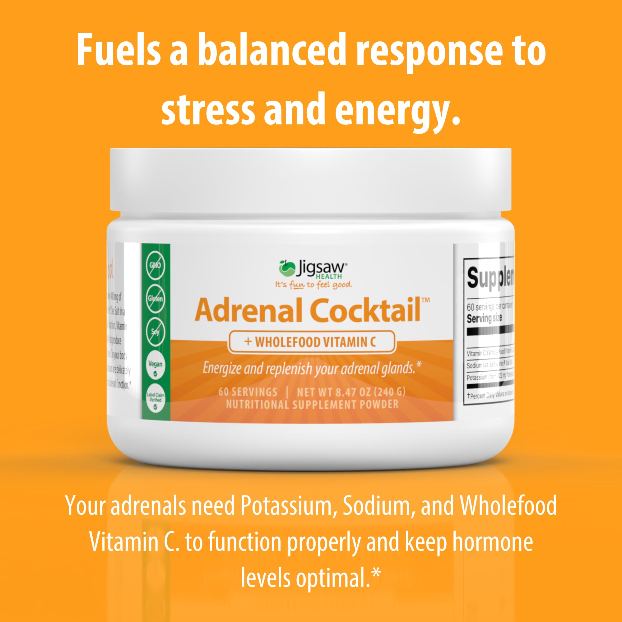 Jigsaw Health Adrenal Cocktail + Wholefood Vitamin C | with Potassium Bicarbonate, Sea Salt, and Acerola Cherry Extract | 60 Servings (Jar)